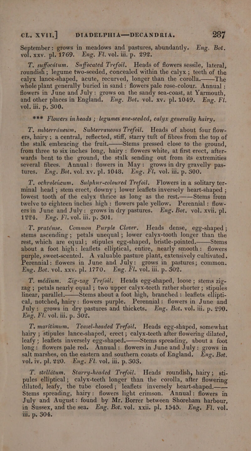 September: grows in meadows and pastures, abundantly. Eng. Bot. vol, xxv. pl. 1769. Eng. Fl. vol. iii. p. 292. T. suffocdtum. Suffocated Trefoil. Heads of flowers sessile, lateral, roundish ; legume two-seeded, concealed within the calyx ; teeth of the calyx lance-shaped, acute, recurved, longer than the corolla. The whole plant generally buried in sand: flowers pale rose-colour. Annual ; flowers in June and July: grows on the sandy sea-coast, at Yarmouth, and other places in England. ng. Bot. vol. xv. pl. 1049. Eng. Fl. vol, ii. p. 300. *** Flowers in heads ;- legumes one-seeded, calyx generally huiry, T. subterrdneum, Subterraneous Trefoil. Heads of about four flow- ers, hairy ; a central, reflected, stiff, starry tuft of fibres from the top of the stalk embracing the fruit. Stems pressed close to the ground, from three to six inches long, hairy : flowers white, at first erect, after- wards bent to the ground, the stalk sending out from its extremities several fibres. Annual: flowers in May: grows in dry gravelly pas- tures. Eng. Bot. vol. xv. pl. 1048. Eng. Fl, vol. 1. p. 300. T. ochroleicum, Sulphur-coloured Trefoil. Flowers in a solitary ter- minal head ; stem erect, downy ; lower leaflets inversely heart-shaped ; lowest tooth of the calyx thrice as long as the rest.——Stems from twelve to eighteen inches high: flowers pale yellow. Perennial: flow- ersin June and July: grows in dry pastures. Eng. Bot. vol. xvii. pl. 1224. Eng. Fl. vol. i. p. 301. ‘T. praténse. Common Purple Clover, Heads dense, egg-shaped ; stems ascending ; petals unequal; lower calyx-tooth longer than the rest, which are equal; stipules egg-shaped, bristle-pointed. Stems about a foot high: leaflets elliptical, entire, nearly smooth: flowers purple, sweet-scented. A valuable pasture plant, extensively cultivated. Perennial: flowers in June and July: grows in pastures; common. Eng. Bot. vol. xxv. pl. 1770. Eng. Fl. vol. ii. p. 302. T. médium. Zig-zag Trefoil. Heads egg-shaped, loose ; stems zig- zag ; petals nearly equal ; two upper calyx-teeth rather shorter ; stipules linear, parallel. Stems about a foot high, branched : leaflets ellipti- cal, notched, hairy: flowers purple. Perennial: flowers in June and | July: grows in dry pastures and thickets. Eng. Bot. vol. iii. p. 290. Eng. Fl. vol. ii. p. 302. T. maritimum. Teasel-headed Trefoil. Heads egg-shaped, somewhat hairy ; stipules lance-shaped, erect; calyx-teeth after flowering dilated, leafy ; leaflets inversely egg-shaped. Stems spreading, about a foot long: flowers pale red. Annual: flowersin June and July: grows in salt marshes, on the eastern and southern coasts of England. ng. Bot. vol. iv. pl. 220. Eng. Fl. vol. ia. p. 303. T. stelldtum. Starry-headed Trefoil. Heads roundish, hairy; sti- pules elliptical; calyx-teeth longer than the corolla, after flowering dilated, leafy, the tube closed; leaflets inversely heart-shaped—_— Stems spreading, hairy: flowers light crimson. Annual: flowers in July and August: found by Mr. Borrer between Shoreham harbour, in Sussex, and the sea. Eng. Bot. vol. xxii. pl. 1545. Eng, Fl. vol. il. p. 304.