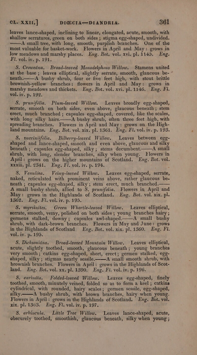 leaves lance-shaped, inclining to linear, elongated, acute, smooth, with shallow serratures, green on both sides ; stigma egg-shaped, undivided. : A small tree, with long, smooth, purplish branches. One of the most valuable for basket-work. Flowers in April and May: grows in low meadows and marshy places. Eng. Bot. vol. xvi. pl. 1145. Eng. Fil. vol. iv. p. 191. S. Crowedna. Broad-leaved Monadelphous Willow. Stamens united at the base ; leaves elliptical, slightly serrate, smooth, glaucous be- neath. A bushy shrub, four or five feet high, with stout brittle brownish-yellow branches: flowers in April and May: grows in marshy meadows and thickets. Eng. Bot. vol. xvi. pl. 1146. Eng. Fl. vol, iv. p. 192. S. prunifélia, Plum-leaved Willow. Leaves broadly egg-shaped, serrate, smooth on both sides, even above, glaucous beneath ; stem erect, much branched ; capsules egg-shaped, covered, like the scales, with long silky hairs. A bushy shrub, often three feet high, with spreading branches. Flowers in April and May: grows on the High- land mountains. Eng. Bot. vol. xix. pl. 1361. Eng. Fl, vol. iv. p. 193. 8. vacciniifolia. Bilberry-leaved Willow. Leaves between egg- shaped and lance-shaped, smooth and even above, glaucous and silky beneath ; capsules egg-shaped, silky ; stems decumbent. A small shrub, with long, slender branches, silky when young. Flowers in April: grows on the higher mountains of Scotland. Eng. Bot. vol. xxxil. pl. 2341. Eng. Fl. vol. iv. p. 194. S. Venuldsa. Veiny-leaved Willow. Leaves ege-shaped, serrate, naked, reticulated with prominent veins above, rather glaucous be- neath ; capsules ege-shaped, silky ; stem erect, much branched.—— A small bushy shrub, allied to S. prunifolia. Flowers in April and May: grows in the Highlands of Scotland. Eng. Bot. vol. xix, pl. 1362. Eng. Fl. vol. iv. p. 195. S. myrsinites. Green Whortle-leaved Willow. Leaves elliptical, serrate, smooth, vey, polished on both sides; young branches hairy ; germens stalked, downy; capsules awl-shaped. A small bushy shrub, with dark-brown branches. Flowers in May and June: grows in the Highlands of Scotland. Eng. Bot. vol. xix. pl. 1360. Eng. Fl. vol. iv. p. 195. S. Dicksonidna. Broad-leaved Mountain Willow. Leaves elliptical, acute, slightly toothed, smooth, glaucous beneath; young branches very smooth; catkins egg-shaped, short, erect; germen stalked, egg- shaped, silky ; stigmas nearly sessile——-A small smooth shrub, with - brownish branches. Flowers in April: grows in the Highlands of Scot- land. Eng. Bot. vol. xx. pl. 1390. Eng. Fl. vol. iv. p. 196. S. carindta. Folded-leaved Willow. Leaves egg-shaped, finely toothed, smooth, minutely veined, folded so as to form a keel ; catkins cylindrical, with rounded, hairy scales; germen sessile, egg-shaped, silky. A bushy shrub, with brown branches, hairy when young. Flowers in April: grows in the Highlands of Scotland. Eng. Bot. vol. xix. pl. 1363. Eng. Fl. vol. iv. p. 197. S. arbuscula. Little Tree Willow. Leaves lance-shaped, acute, obscurely toothed, smoothish, glaucous beneath, silky when young;