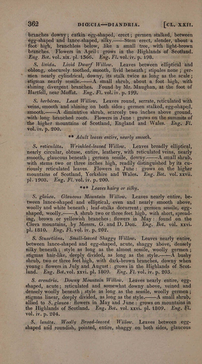 branches downy; catkin ege-shaped, erect; germen stalked, between ‘egg-shaped and lance-shaped, silky——-Stem erect, slender, ‘about a foot’ high, branchless below, like a small tree, with light-brown branches. Flowers in April’: grows in the Highlands of Scotland. Eng. Bot. vol. xix. pl. 1366. Eng. Fl. volwiv. p. 198. . S. livida. Livid Dwarf Willow. Leaves between elliptical and -oblong,. obscurely. toothed, smooth, livid beneath; stipules none ; ger- men nearly cylindrical, downy, its stalk twice as long as the scale ; -stigmas. nearly. sessile. A. small shrub, about a foot. high, with ‘shining divergent branches. Found by Mr. Maughan, at the foot of Hartfell, near Moffat. Eng. Fl. vol. iv. p. 199. S. herbaécea. Least Willow. Leaves round, serrate, reticulated with veins, smooth and shining on both sides; germen stalked, egg-shaped, “smooth. A diminutive shrub, scarcely two inches above ground, with Jong. branched ‘roots. Flowers in June :. grows on the summits of ‘the .higher mountains of Scotland, England and Wales. Eng. Fil. vol. iv. p. 200. . **® Adult leaves entire, nearly smooth. S. reticuldta. . Wrinkled-leaved Willow. Leaves broadly elliptical, nearly circular, obtuse, entire, leathery, with reticulated veins, nearly smooth, glaucous beneath ; germen sessile, downy. A small shrub, with stems. two or three inches high, readily distinguished by its cu- riously reticulated leaves. Flowers in June: grows on the higher mountains of Scotland, Yorkshire and Wales. Eng. Bot. vol. xxvii. pl.1908. Eng. Fl. vol. iv. p. 200. *** Leaves hairy or silky. S. glaica. Glaucous Mountain Willow. Leaves nearly entire, be- tween lance-shaped and elliptical, even and nearly smooth above, woolly and white beneath ; leaf-stalks decurrent; germen sessile, egg- shaped, woolly. A shrub two or three feet high, with short, spread- ing, brown or yellowish branches: flowers in May: found .on the Clova mountains, .by Messrs. G. and D.Don. Eng. Bot. vol. xxvi. pl. 1810. Eng. Fl. vol. iv. p. 202. S. Stuartidna. Small-leaved Shaggy Willow. Leaves nearly entire, between lance-shaped and egg-shaped, acute, shaggy above, densely silky beneath; style as long as the almost sessile, woolly germen ; stigmas hair-like, deeply divided, as long as the style—-—A bushy shrub, two or three feet high, with dark-brown branches, downy when young: flowers in July and August: grows in the Highlands of Scot- land. . Eng. Bot.vol. xxvi. pl. 1809. Eng. Fl. vol. iv. p. 203, S. arenéria. Downy Mountain Willow. Leaves nearly. entire, egg- shaped, acute; reticulated and somewhat downy above, veined and densely woolly beneath ; style as long as the sessile, woolly germen ; stigmas linear, deeply divided, as long as the style. A small shrub, allied to S. glauca: flowers in May and June: grows on mountains in the Highlands of Scotland. Eng. Bot. vol. xxvi. pl. 1809. Eng. Fl. vol. iv. p. 204. S.. landéta.. Woolly Broad-leaved Willow. Leaves between egg- shaped and roundish, pointed, entire, shaggy on both sides, glaucous