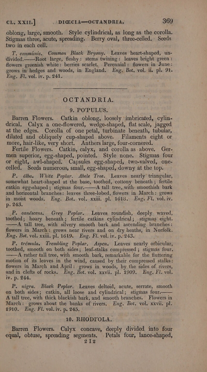 oblong, large, smooth. Style cylindrical, as long as the corolla. Stigmas three, acute, spreading. Berry oval, three-celled. Seeds two in each cell. T. commtnis. Common Black Bryony. Leaves heart-shaped, un- divided —_—Root large, fleshy: stems twining: leaves bright green : flowers greenish white: berries scarlet. Perennial: flowers in June: grows in hedges and woods, in England. Eng. Bot. vol. ii. pl. 91. Eng. Fl. vol. iv. p. 241. OCTANDRIA. 9. PO’PULUS. Barren Flowers. Catkin oblong, loosely imbricated, cylin- drical. Calyx a one-flowered, wedge-shaped, flat scale, jagged at the edges. Corolla of one petal, turbinate beneath, tubular, dilated and obliquely cup-shaped above. Filaments eight or more, hair-like, very short. Anthers large, four-cornered. ) Fertile Flowers. Catkin, calyx, and corollaas above. Ger- men superior, egg-shaped, pointed. Style none. Stigmas four or eight, awl-shaped. Capsules egg-shaped, two-valved, one- celled. Seeds numerous, small, egg-shaped, downy at the top. P. dlba. White Poplar. Abele Tree. Leaves nearly’ triangular, somewhat heart-shaped at the base, toothed, cottony beneath ; fertile catkin egg-shaped ; stigmas four. A tall tree, with: smoothish bark and horizontal branches: leaves three-lobed, flowers in March: grows in moist woods. Eng. Bot. vol. xxi. pl, 1618. Eng. Fl. vol. iv. p. 243. ; P. canéscens. Grey Poplar. Leaves roundish, deeply waved, toothed; hoary beneath; fertile catkins cylindrical; stigmas’ eight. ——A tall tree, with silvery smooth bark and ascending branches: flowers in March: grows near rivers and on dry heaths, in Norfolk. Eng. Bot. vol. xxiii. pl. 1619. Eng. Fl. vol. iv. p.243. ; P. trémula. Trembling Poplar. Aspen. Leaves nearly orbicular, toothed, smooth on both sides; leaf-stalks compressed ; stigmas four. A rather tall tree, with smooth bark, remarkable for the fluttering motion of its leaves in the wind, caused by their compressed stalks: flowers in March and April: grows in woods, by the sides of, rivers, and in clefts of rocks. Eng. Bot. vol. xxvii. pl. 1909. Eng. Fl. vol. Iv. p. 244. P. nigra. Black Poplar. Leaves deltoid, acute, serrate, smooth on both sides; catkin, all loose and cylindrical; stigmas four. A tall tree, with thick blackish bark, and smooth branches. Flowers in March: grows about the banks of rivers, Eng. Bot. vol. xxvii. pl. 1910. Eng. Fl. vol. iv. p. 245, _ ' ' 10. RHODI/OLA. Barren Flowers. Calyx concave, deeply divided into four equal, obtuse, spreading segments. Petals four, lance-shaped, 212