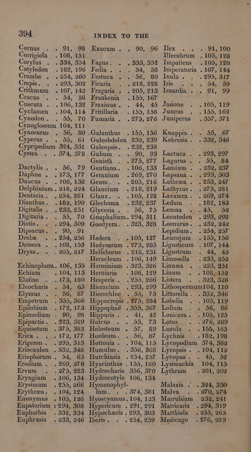 Comus . . 91, 98 Corrigiola . 108, 151 Corylus . . 334, 354 Cotyledon . 182, 196 Crambe . . 254, 260 Crepis . « 293, 302 Crithmum . 107, 142 Crocus °. 54, 58 Cuscuta . . 106, 132 Cyclamen . 104, 114 Cynodon . 55, 70 Cynoglossum 104, 111 Cynosurus , 56, 80 Cyperiigis --« atosiod Cypripedium 324, 331 Cystea . 374, 378 Pactys ss, 5. PGi Daphne ,_ . 173, 177 Daucus . 106, 138 Delphinium . 218, 224 Dentaria. , 254, 261 Dianthus. .182, 190 Digitalis . . 233, 251 Digitaria. . 55, 70 Diotis. . . 294, 309 Dipsacus . Te | Draba . . 254, 256 Drosera . .108, 153 Dryas... ». 205, 217 Echinophora. 106, 135 Echium - 104, 113 Elatine . 173, 180 Eleocharis . 54, 63 Elymus 4) 00,87 Empetrum . 355, 366 Epilobium . 172, 173 Epimedium . 90, 98 Epipactis. . 323, 329 Equisetum . 375, 383 Erica . 172, 177 Erigeron . . 295, 313 Eriocaulon . 332, 348 Eriophorum . 54, 63 Erodium . . 269, 270 Ervum 275, 283 Eryngium. 106, 134 Erysimum . 255, 266 Erythrea. . 104, 124 Euonymus . 105, 126 Eupatorium +294, 308 Euphorbia . 332, 334 Euphrasia . 233, 246 Exacum . . 90, Paguads\, s:3003 Fedia . 54, Festuca . 4° 56, Ficaria . 218, Fragaria . . 205, Frankenia . 155, Fraxinus. . 44, Fritillaria . 155, Fumarna.,. . 275, .Galanthus . 155, Galeobdolon 232, Galeopsis. . 232, Galum . . 90, Genista ge Gentiana. . 106, Geranium. 269, Geum;.). . 205, Glaucium. 218, Glax.ch. 4405, Glechoma . 232, Glyceria . 56, Gnaphalium. 294, Goodyera. . 323, Hedera git 05} Hedysarum . 275, Helleborus . 218, Heracleum . 106, Herminium . 323, Herniaria . 106, Hesperis . . 255, ¢ Hieracium , 293, Hierochloe . 55, Hippocrepis . 275, Hippuris . 41, Holkcts «... 55, Holosteum . 57, Hordeum. 56, Hottonia. . 104, 6806, Hutchinsia Hyacinthus . 155, Hydrocotyle 106, Hymenophyl- lum. . Hyoscyamus. 104, Hypericum , 291, Hypocheanis . 293, Iberis. . . 254, 96 291 303 259 Tex 7h 91, 100 Illecebrum . 105, 128 Impatiens .105, 120 Imperatoria . 107, 144 Inula . ~ 295. a1g. Lee 54, 59 Isnardia . . 91, 99 Jasione . .105, 119 Juncus . 155, 162 Juniperus . 357, 371 Knappia . 55, 67 Kobresia. . 332, 346 Lactuca . . 293, 297 Lagurus . 55, 84 Lamium . . 232, 237 Lapsana - . 293, 303 Lathrea . . 233, 247 Lathyrus. . 275, 281 Lavatera. . 269, 274 Ledum . 182, 183 Lemna . .45, 52 Leontodon , 293, 298 Leonurus. . 232, 242 ' Lepidium. . 254, 257 Leucojum . 155, 156 Ligusticum . 107, 144 Ligustrum 44, 45 Limosella . 233, 252 5 Linnea’ . ; 253, 251 Linum . . 108,152 Listera . 323, 328 Lithospermum104, 110 Littorella. . 332, 346 Lobelia . 105, 119 ~ Lolium ». 56,, 50 Lonicera. . 105, 125 Lotus . 276, 289 Luzula - 155, 165 Lychnis _—. 182, 198 Lycopodium 374, 382 Lycopsis . . 104, 112 Lycopus. . 45, 52 Lysimachia 104, 115 Lythrum —_.. 201, 202 Malaxis . .. 324, 330 Malva . 270, S74 Marrubium $232, 241 Matricaria » . 294, 319 Matthiola . 255, 265 Medicago . 276, 289