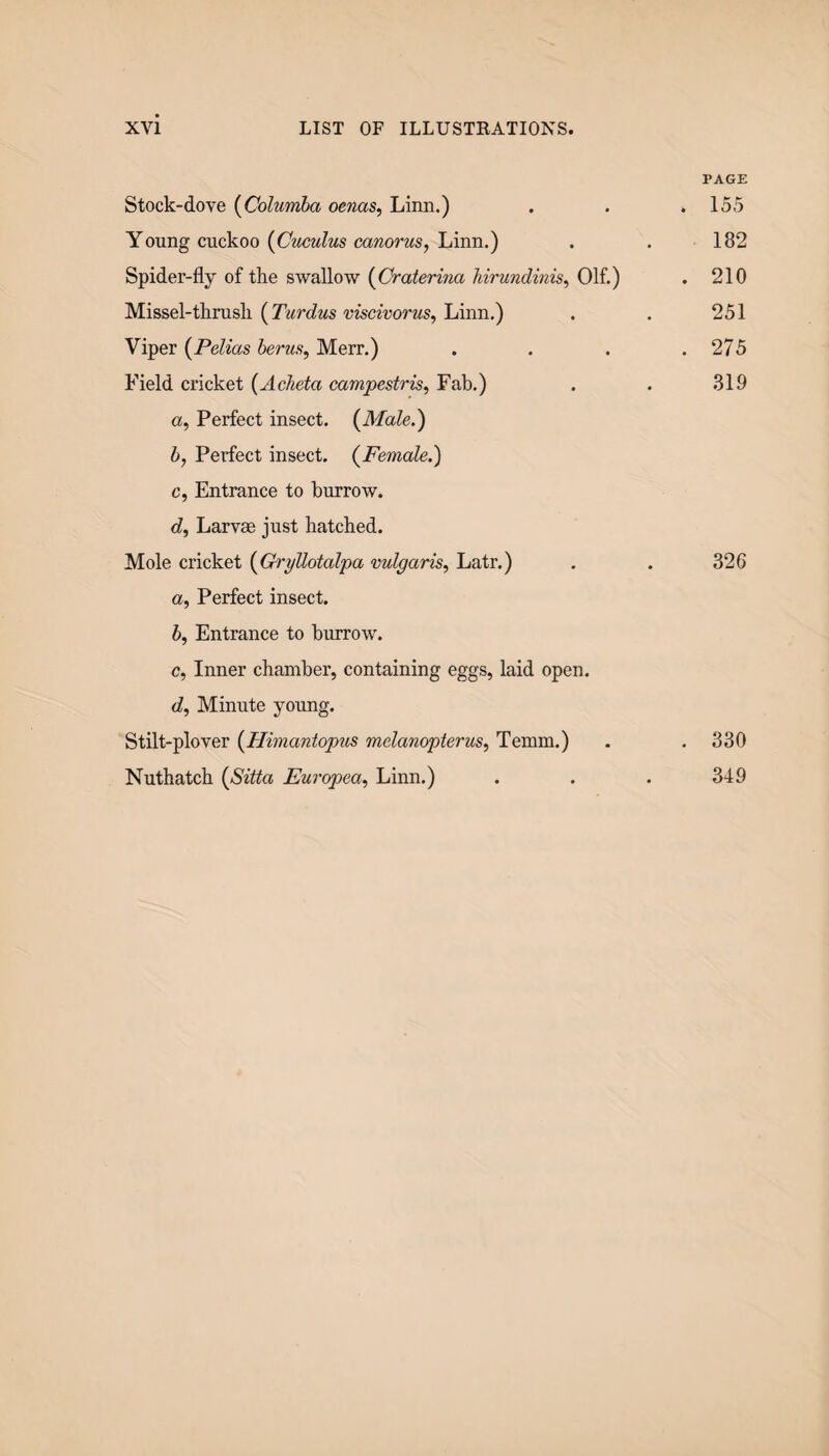 PAGE Stock-dove {Columha oenas, Linn.) . . . 155 Young cuckoo caraorws, Linn.) . . 182 Spider-fly of the swallow {Craterma Mrundinis^ Olf.) . 210 Missel-thrush (-ywavorzis, Linn.) . . 251 Viper {Pelias herus, Merr.) . . . .275 Field cricket {Acheta campestris^ Fab.) . . 319 a, Perfect insect. (ilfaZe.) h, Perfect insect. (^Female.) c, Entrance to burrow. cZ, Larvae just hatched. Mole cricket {Gryllotalpa vulgaris, Latr.) . . 326 a. Perfect insect. h. Entrance to burrow. c, Inner chamber, containing eggs, laid open. d. Minute young. Stilt-plover {Himantopus melanopterus, Temm.) . . 330 Nuthatch {Sitta Europea, Linn.) . . . 349