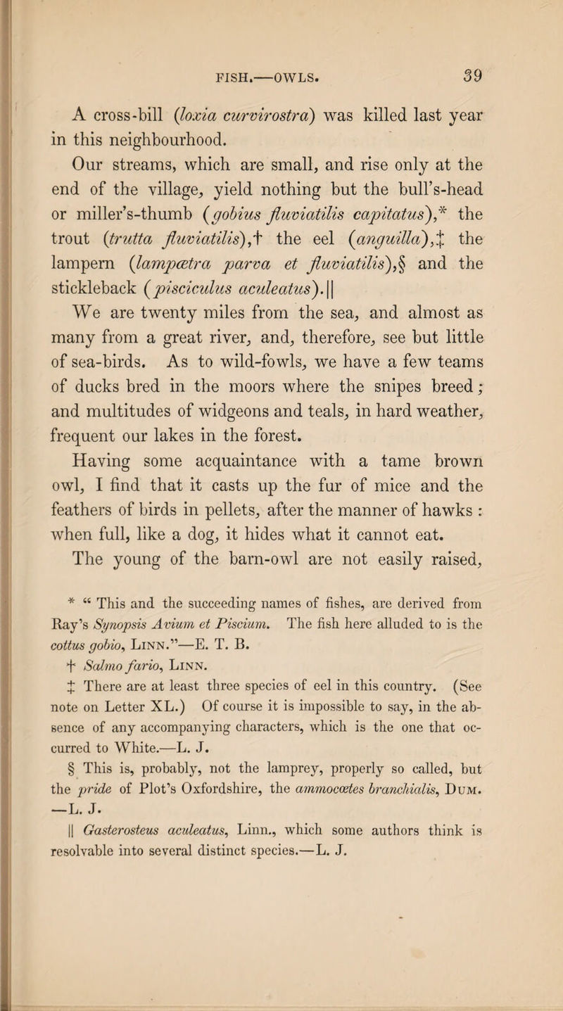 A cross-bill (loxia curvirostra) was killed last year in this neighbourhood. Our streams, which are small, and rise only at the end of the village, yield nothing but the bull’s-head or miller’s-thumb {gobius fiuviatilis capitatus),* * * § the trout {trutta fluviatilis) the eel (anguilla?),% the lampern {lampcetra parva et fiuviatilis)and the stickleback (^pisciculus aculeatus).\\ We are twenty miles from the sea, and almost as many from a great river, and, therefore, see but little of sea-birds. As to wild-fowls, we have a few teams of ducks bred in the moors where the snipes breed ; and multitudes of widgeons and teals, in hard weather, frequent our lakes in the forest. Having some acquaintance with a tame brown owl, I find that it casts up the fur of mice and the feathers of birds in pellets, after the manner of hawks : when full, like a dog, it hides what it cannot eat. The young of the barn-owl are not easily raised, * “ This and the succeeding names of fishes, are derived from Ray’s Synopsis Avium et Piscium. The fish here alluded to is the coitus gobio, Linn.”—E. T. B. •f Sabno fario^ Linn. X There are at least three species of eel in this country. (See note on Letter XL.) Of course it is impossible to say, in the ab¬ sence of any accompanying characters, which is the one that oc¬ curred to White.—L. J. § This is, probably, not the lamprey, properly so called, but the pride of Plot’s Oxfordshire, the ammocoetes branchialis^ Dum. —L. J. II Gasterosteus aculeatus, Linn., which some authors think is resolvable into several distinct species.—L. J.