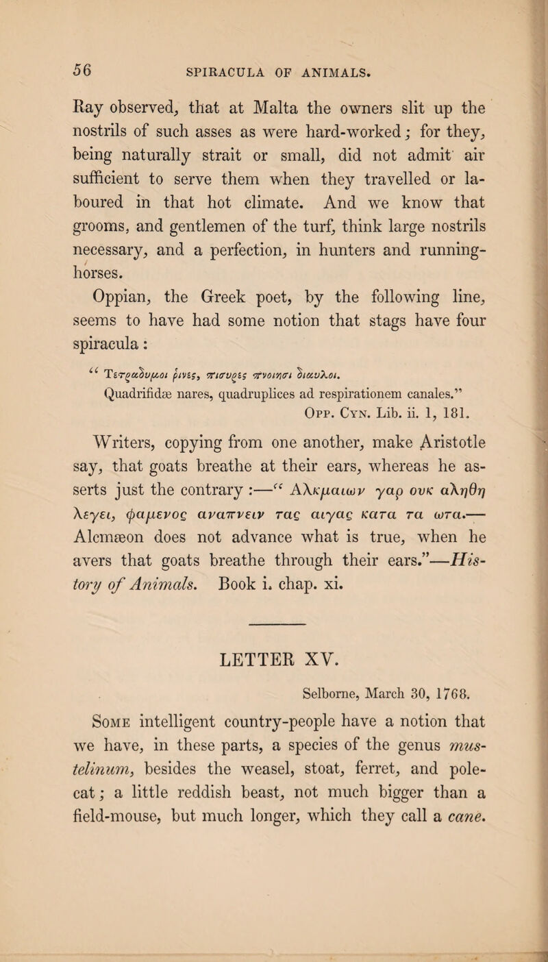 Ray observed^ that at Malta the owners slit up the nostrils of such asses as were hard-worked; for they^, being naturally strait or small, did not admit air sufficient to serve them when they travelled or la¬ boured in that hot climate. And we know that gi’ooms, and gentlemen of the turf, think large nostrils necessary, and a perfection, in hunters and running- horses. Oppian, the Greek poet, by the following line, seems to have had some notion that stags have four spiracula: p/vis, ^icrv^is ‘Tvotyiiri 'hiavXoi. Quadrifidae nares, qiiadruplices ad respirationem canales.” 0pp. Cyn. Lib. ii. 1, 181. Writers, copying from one another, make Aristotle say, that goats breathe at their ears, whereas he as¬ serts just the contrary :—AXKfiaMv yap ovk aXrjdr] Xeyei, (pajievoQ avairveiv rag aiyag Kara ra (ora.— Alcmoeon does not advance what is true, when he avers that goats breathe through their ears.”—His- tory of Animals. Book i. chap. xi. LETTER XV. Selbome, March 30, 1768. Some intelligent country-people have a notion that we have, in these parts, a species of the genus mus- telinumy besides the weasel, stoat, ferret, and pole¬ cat ; a little reddish beast, not much bigger than a field-mouse, but much longer, which they call a cane.