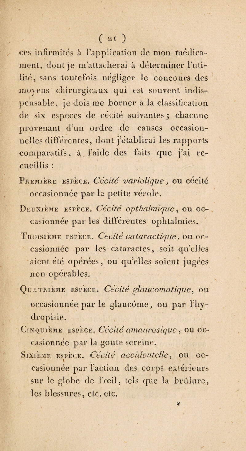 ces infirmités à l’application de mon médica¬ ment, dont je m’attacherai à déterminer Pu ti- iité, sans toutefois négliger le concours des moyens chirurgicaux qui est souvent indis¬ pensable, je dois me borner à la classification de six espèces de cécité suivantes j chacune provenant d’un ordre de causes occasion¬ nelles différentes, dont j’établirai les rapports comparatifs, à. l’aide des faits que j’ai re¬ cueillis : Première espèce. Cécité variolique > ou cécité occasionnée par la petite vérole. Deuxieme espece. Cécité opthalmique, ou oc¬ casionnée par les différentes ophtalmies. Troisième fspèce. Cécité cataractique, ou oc¬ casionnée par les cataractes, soit qu’elles aient été opérées, ou quelles soient jugées non opérables. Quatrième espèce. Cécité glaucomatique, ou occasionnée par le glaucome, ou par l’hy- clropisie. Cinquième espèce. Cécité amaurosique, ou oc¬ casionnée par la goûte sereine. Sixième espèce. Cécité accidentelle, ou oc- » casionnée par l’action des corps extérieurs sur le globe de Poeil, tels que la brûlure, les blessures, etc. etc.