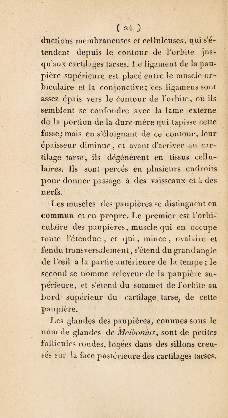 ( 24 ) ductions membraneuses et celluleuses, qui s’é¬ tendent depuis le contour de l’orbite jus¬ qu’aux cartilages tarses. Le ligament de la pau¬ pière supérieure est placé entre 3e muscle or- biculaire et la conjonctive$ ces ligamens sont assez épais vers le contour de l’orbite, où ils semblent se confondre avec la lame externe de la portion de la dure-mère qui tapisse cette fosse; mais en s’éloignant de ce contour, leur épaisseur diminue, et avant d’arriver au car¬ tilage tarse, ils dégénèrent en tissus cellu¬ laires. Ils sont percés en plusieurs endroits pour donner passage à des vaisseaux et à des nerfs. Les muscles des paupières se distinguent en commun et en propre. Le premier est l’orbi- culaire des paupières, muscle qui en occupe toute l’étendue „ et qui, mince , ovalaire et fendu transversalement j s’étend du grand angle de l’oeil à la partie antérieure de la tempe; le second se nomme reîeveur de la paupière su¬ périeure, et s’étend du sommet de l'orbite au bord supérieur du cartilage tarse, de cette paupière. Les glandes des paupières, connues sous le nom de glandes de Meibonius, sont de petites follicules rondes,, logées dans des sillons creu¬ sés sur la face postérieure des cartilages tarses.