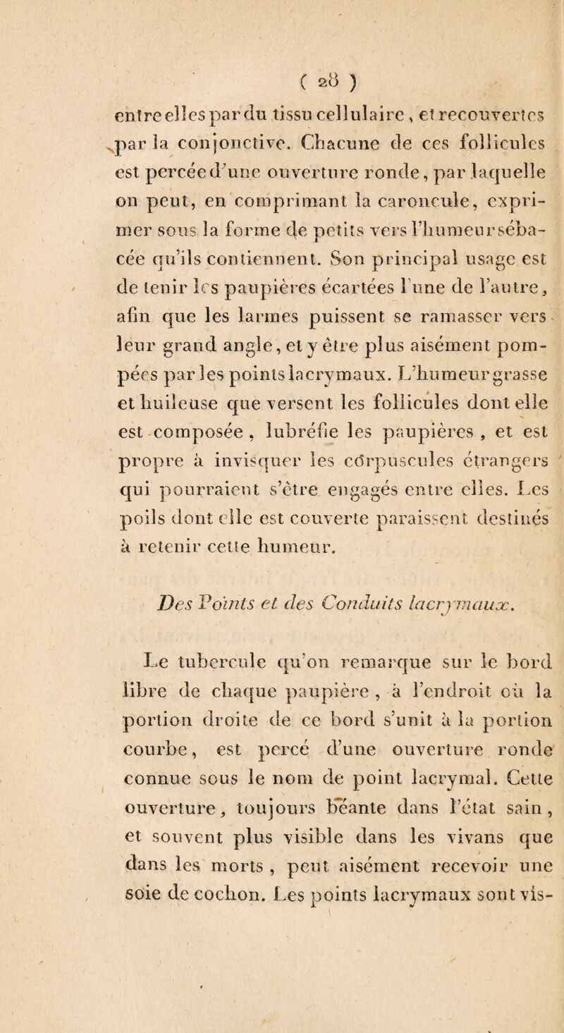 ( ) entre elles par du tissu cellulaire , et recouvertes xpar la conjonctive. Chacune de ces follicules est percée dune ouverture ronde, par laquelle on peut, en comprimant la caroncule, expri¬ mer sons la forme de petits vers riiumeurséba¬ cée qu’ils contiennent. Son principal usage est de tenir les paupières écartées 1 une de l’autre, afin que les larmes puissent se ramasser vers leur grand angle, et y être plus aisément pom¬ pées parles points lacrymaux. L’humeur grasse et huileuse que versent les follicules dont elle est composée , lubréfie les paupières , et est propre à invisquer les corpuscules étrangers qui pourraient s’être engagés entre elles. Les poils dont elle est couverte paraissent destinés à retenir celle humeur. Des Points et des Conduits lacrymaux. Le tubercule qu’on remarque sur le bord libre de chaque paupière , à l’endroit où la portion droite de ce bord s’unit à la portion courbe, est percé d’une ouverture ronde connue sous le nom de point lacrymal. Cette ouverture^ toujours béante dans l’état sain, et souvent plus visible dans les vivans que dans les morts, peut aisément recevoir une soie de cochon. Les points lacrymaux sont vis-