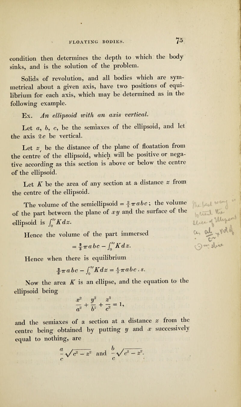 condition then determines the depth to which the body sinks, and is the solution of the problem. Solids of revolution, and all bodies which are sym¬ metrical about a given axis, have two positions of equi¬ librium for each axis, which may be determined as in the following example. Ex. An ellipsoid icith an axis vertical. Let «, 6, c, be the semiaxes of the ellipsoid, and let the axis 2 c be vertical. Let be the distance of the plane of floatation from the centre of the ellipsoid, which will be positive or nega¬ tive according as this section is above or below the centie of the ellipsoid. Let K be the area of any section at a distance % from the centre of the ellipsoid. The volume of the semiellipsoid = -§-7rabc; the volume of the part between the plane of ocy and the surface of the ellipsoid is f^'Kdz. Hence the volume of the part immersed = |tt abc-f*'Kdx. [x\zrX fa cu, ©1 Hence when there is equilibrium jl 3 .71-abc - S{^'Kd% = £7rabc . s. Now the area K is an ellipse, and the equation to the ellipsoid being or y~ % a2 0 c~ and the semiaxes of a section at a distance ss Irom the centre being obtained by putting y and oc successively equal to nothing, are -a/el — z* and - \/ el - z2. c c