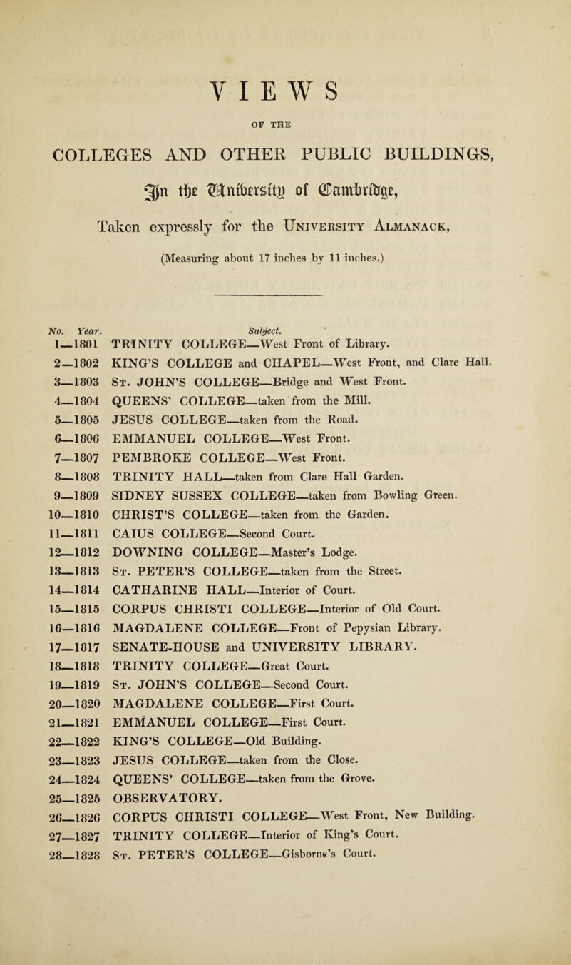 VIEWS OP THE COLLEGES AND OTHER PUBLIC BUILDINGS, 2Jn tj)e of (Tambrtte, Taken expressly for the University Almanack, (Measuring about 17 inches by 11 inches.) No. Year. Subject. 1— 1801 TRINITY COLLEGE—West Front of Library. 2— 1802 KING’S COLLEGE and CHAPEL—West Front, and Clare Hall. 3— 1803 St. JOHN’S COLLEGE—Bridge and West Front. 4— 1804 QUEENS’ COLLEGE—taken from the Mill. 5— 1805 JESUS COLLEGE—taken from the Road. 6— 1806 EMMANUEL COLLEGE—West Front. 7— 1807 PEMBROKE COLLEGE—West Front. 8— 1808 TRINITY HALL—taken from Clare Hall Garden. 9— 1809 SIDNEY SUSSEX COLLEGE—taken from Bowling Green. 10— 1810 CHRIST’S COLLEGE—taken from the Garden. 11— 1811 CAIUS COLLEGE—Second Court. 12— 1812 DOWNING COLLEGE—Master’s Lodge. 13— 1813 St. PETER’S COLLEGE—taken from the Street. 14— 1814 CATHARINE HALL—Interior of Court. 15— 1815 CORPUS CHRISTI COLLEGE—Interior of Old Court. 16— 1816 MAGDALENE COLLEGE—Front of Pepysian Library. 17— 1817 SENATE-HOUSE and UNIVERSITY LIBRARY. 18— 1818 TRINITY COLLEGE—Great Court. 19— 1819 St. JOHN’S COLLEGE—Second Court. 20— 1820 MAGDALENE COLLEGE—First Court. 21— 1821 EMMANUEL COLLEGE—First Court. 22— 1822 KING’S COLLEGE—Old Building. 23 _1823 JESUS COLLEGE—taken from the Close. 24 _1824 QUEENS’ COLLEGE—taken from the Grove. 25— 1825 OBSERVATORY. 26— 1826 CORPUS CHRISTI COLLEGE—West Front, New Building. 27— 1827 TRINITY COLLEGE—Interior of King’s Court. 28— 1828 St. PETER’S COLLEGE—Gisborne’s Court.