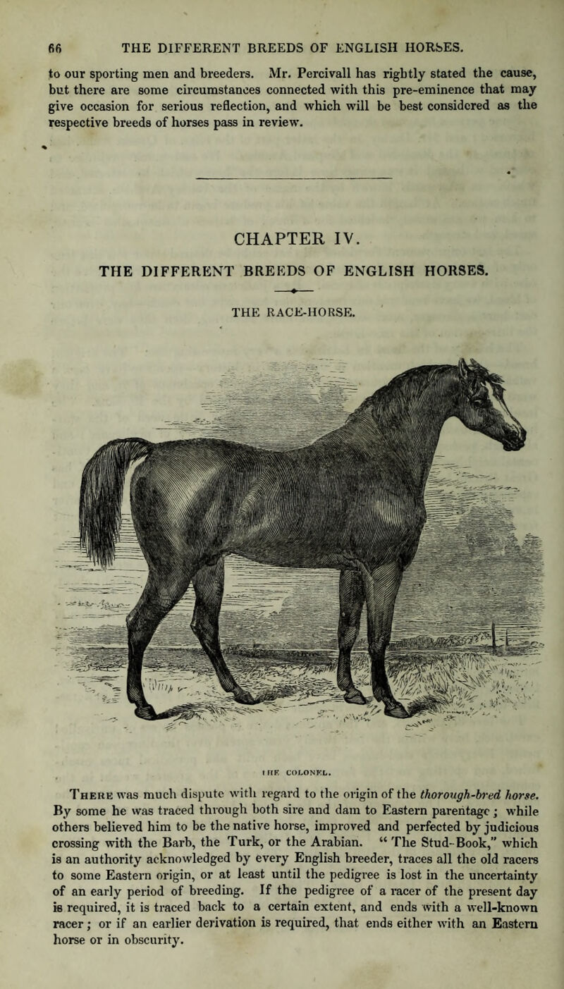 to our sporting men and breeders. Mr. Percivall has rightly stated the cause, but there are some circumstances connected with this pre-eminence that may give occasion for serious reflection, and which will be best considered as the respective breeds of horses pass in review. CHAPTER IV. THE DIFFERENT BREEDS OF ENGLISH HORSES. I UK COLONKL. There was much dispute with regard to the origin of the thorough-bred horse. By some he was traced through both sire and dam to Eastern parentage; while others believed him to be the native horse, improved and perfected by judicious crossing with the Barb, the Turk, or the Arabian. “ The Stud- Book,” which is an authority acknowledged by every English breeder, traces all the old racers to some Eastern origin, or at least until the pedigree is lost in the uncertainty of an early period of breeding. If the pedigree of a racer of the present day is required, it is traced back to a certain extent, and ends with a well-known racer; or if an earlier derivation is required, that ends either with an Eastern horse or in obscurity.