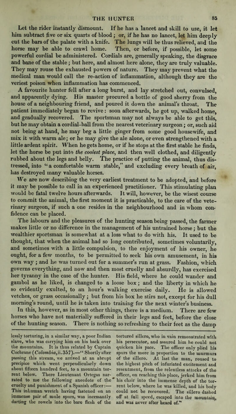 Let the rider instantly dismount. If he has a lancet and skill to use, it let him subtract five or six quarts of blood ; or, if he has no lancet, let him deeply cut the bars of the palate with a knife. The lungs will be thus relieved, and the horse may be able to crawl home. Then, or before, if possible, let some powerful cordial be administered. Cordials are, generally speaking, the disgrace and bane of the stable; but here, and almost here alone, they are truly valuable. They may rouse the exhausted powers of nature. They may prevent what the medical man would call the re-action of inflammation, although they are the veriest poison when inflammation has commenced. A favourite hunter fell after a long burst, and lay stretched out, convulsed, and apparently dying. His master procured a bottle of good sherry from the house of a neighbouring friend, and poured it down the animal’s throat. The patient immediately began to revive: soon afterwards, he got up, walked home, and gradually recovered. The sportsman may not always be able to get this, but he may obtain a cordial-ball from the nearest veterinary surgeon; or, such aid not being at hand, he may beg a little ginger from some good housewife, and mix it with warm ale; or he may give the ale alone, or even strengthened with a little ardent spirit. When he gets home, or if he stops at the first stable he finds, let the horse be put into the coolest place, and then well clothed, and diligently rubbed about the legs and belly. The practice of putting the animal, thus dis¬ tressed, into “ a comfortable warm stable,” and excluding every breath of air, has destroyed many valuable horses. We are now describing the very earliest treatment to be adopted, and before it may be possible to call in an experienced practitioner. This stimulating plan would be fatal twelve hours afterwards. It will, however, be the wisest course to commit the animal, the first moment it is practicable, to the care of the vete¬ rinary surgeon, if such a one resides in the neighbourhood and in whom con¬ fidence can be placed. The labours and the pleasures of the hunting season being passed, the farmer makes little or no difference in the management of his untrained horse; but the wealthier sportsman is somewhat at a loss what to do with his. It used to be thought, that when the animal had so long contributed, sometimes voluntarily, and sometimes with a little compulsion, to the enjoyment of his owner, he ought, for a few months, to be permitted to seek his own amusement, in his own way ; and he was turned out for a summer’s run at grass. Fashion, which governs everything, and now and then most cruelly and absurdly, has exercised her tyranny in the case of the hunter. His field, where he could wander and gambol as he liked, is changed to a loose box; and the liberty in which he so evidently exulted, to an hour’s walking exercise daily. He is allowed vetches, or grass occasionally; but from his box he stirs not, except for his dull morning’s round, until he is taken into training for the next winter’s business. In this, however, as in most other things, there is a medium. There are few horses who have not materially suffered in their legs and feet, before the close of the hunting season. There is nothing so refreshing to their feet as the damp lessly torturing, in a similar way, a poor Indian slave, who was carrying him on his back over the mountains. It is thus related by Captain Cochrane (Colombia,ii. 357).—“ Shortly after passing this stream, we arrived at an abrupt precipice which went perpendicularly down about fifteen hundred feet, to a mountain tor¬ rent below. There Lieutenant Ortegas nar¬ rated to me the following anecdote of the cruelty and punishment of a Spanish officer:— This inhuman wretch having fastened on an immense pair of mule spurs, was incessantly darting the rowels into the baro flesh of the tortured sillcro, who in vain remonstrated with his persecutor, and assured him he could not quicken his pace. The officer only plied his spurs the more in proportion to the murmurs of the sillero. At last the man, roused to the highest pitch of infuriated excitement and resentment, from the relentless attacks of the officer, on reaching this place, jerked him from his chair into the immense depth of the tor¬ rent below, where he was killed, and his body could not be recovered. The sillero dashed off at full speed, escaped into the mountaiq, and was never after heard of.”