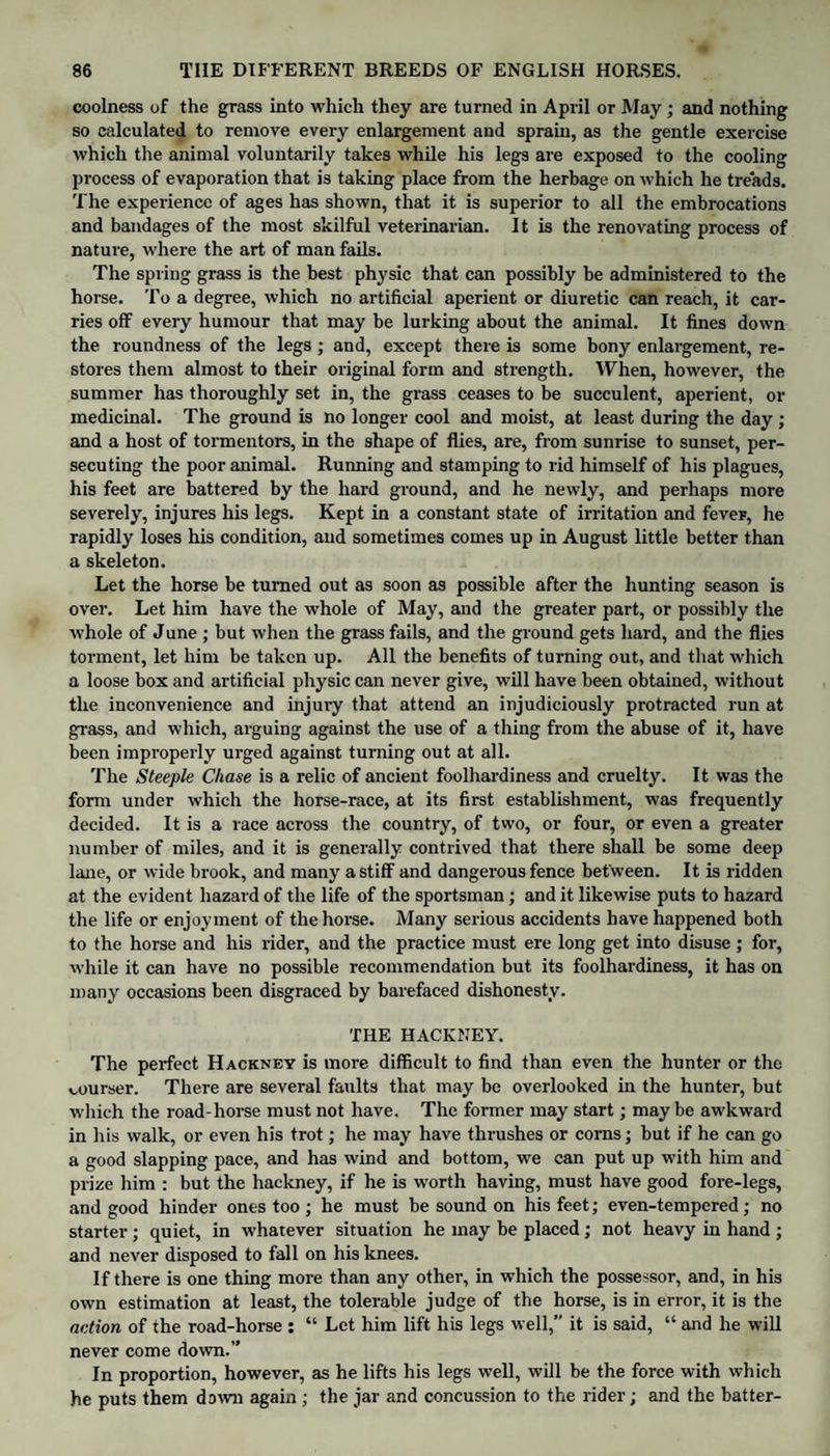 coolness of the grass into which they are turned in April or May ; and nothing so calculated to remove every enlargement and sprain, as the gentle exercise which the animal voluntarily takes while his legs are exposed to the cooling process of evaporation that is taking place from the herbage on which he treads. The experience of ages has shown, that it is superior to all the embrocations and bandages of the most skilful veterinarian. It is the renovating process of nature, where the art of man fails. The spring grass is the best physic that can possibly be administered to the horse. To a degree, which no artificial aperient or diuretic can reach, it car¬ ries off every humour that may be lurking about the animal. It fines down the roundness of the legs ; and, except there is some bony enlargement, re¬ stores them almost to their original form and strength. When, however, the summer has thoroughly set in, the grass ceases to be succulent, aperient, or medicinal. The ground is no longer cool and moist, at least during the day ; and a host of tormentors, in the shape of flies, are, from sunrise to sunset, per¬ secuting the poor animal. Running and stamping to rid himself of his plagues, his feet are battered by the hard ground, and he newly, and perhaps more severely, injures his legs. Kept in a constant state of irritation and fever, he rapidly loses his condition, and sometimes comes up in August little better than a skeleton. Let the horse be turned out as soon as possible after the hunting season is over. Let him have the whole of May, and the greater part, or possibly the whole of June ; but when the grass fails, and the ground gets hard, and the flies torment, let him be taken up. All the benefits of turning out, and that which a loose box and artificial physic can never give, will have been obtained, without the inconvenience and injury that attend an injudiciously protracted run at grass, and which, arguing against the use of a thing from the abuse of it, have been improperly urged against turning out at all. The Steeple Chase is a relic of ancient foolhardiness and cruelty. It was the form under which the horse-race, at its first establishment, was frequently decided. It is a race across the country, of two, or four, or even a greater number of miles, and it is generally contrived that there shall be some deep lane, or wide brook, and many a stiff and dangerous fence between. It is ridden at the evident hazard of the life of the sportsman; and it likewise puts to hazard the life or enjoyment of the horse. Many serious accidents have happened both to the horse and his rider, and the practice must ere long get into disuse ; for, while it can have no possible recommendation but its foolhardiness, it has on many occasions been disgraced by barefaced dishonesty. THE HACKNEY. The perfect Hackney is more difficult to find than even the hunter or the courser. There are several faults that may be overlooked in the hunter, but which the road-horse must not have. The former may start; maybe awkward in his walk, or even his trot; he may have thrushes or corns; but if he can go a good slapping pace, and has wind and bottom, we can put up with him and prize him : but the hackney, if he is worth having, must have good fore-legs, and good hinder ones too ; he must be sound on his feet; even-tempered; no starter; quiet, in whatever situation he may be placed; not heavy in hand ; and never disposed to fall on his knees. If there is one thing more than any other, in which the possessor, and, in his own estimation at least, the tolerable judge of the horse, is in error, it is the action of the road-horse : “ Let him lift his legs well,” it is said, “ and he will never come down.” In proportion, however, as he lifts his legs well, will be the force with which he puts them down again ; the jar and concussion to the rider; and the batter-