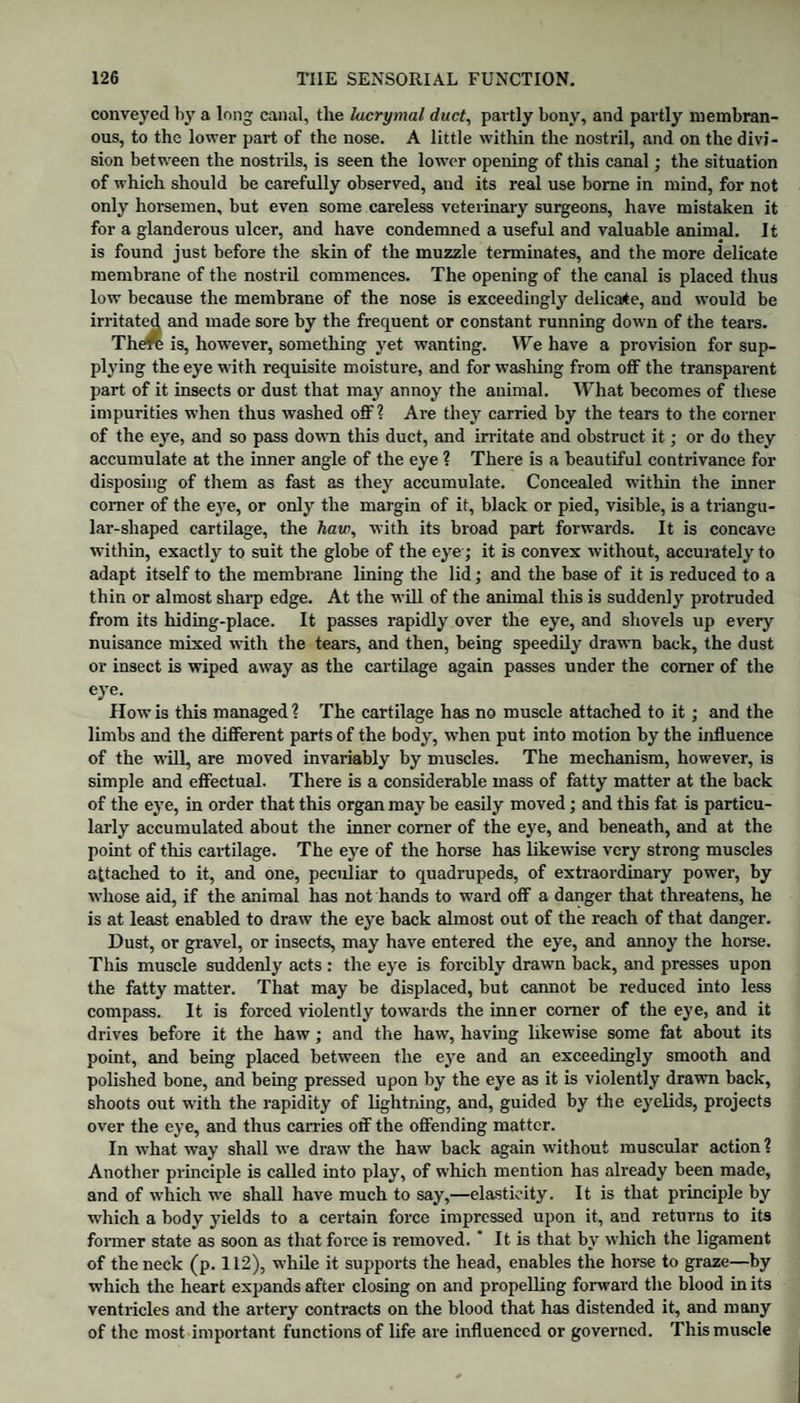 conveyed by a long canal, tlie lacrymal duct, partly bony, and partly membran¬ ous, to the lower part of the nose. A little within the nostril, and on the divi¬ sion between the nostrils, is seen the lower opening of this canal; the situation of which should be carefully observed, and its real use borne in mind, for not only horsemen, but even some careless veterinary surgeons, have mistaken it for a glanderous ulcer, and have condemned a useful and valuable animal. It is found just before the skin of the muzzle terminates, and the more delicate membrane of the nostril commences. The opening of the canal is placed thus low because the membrane of the nose is exceedingly delicate, and would be irritated, and made sore by the frequent or constant running down of the tears. Theft is, however, something yet wanting. We have a provision for sup¬ plying the eye with requisite moisture, and for washing from off the transparent part of it insects or dust that may annoy the animal. What becomes of these impurities when thus washed off? Are they carried by the tears to the corner of the eye, and so pass down this duct, and irritate and obstruct it; or do they accumulate at the inner angle of the eye ? There is a beautiful contrivance for disposing of them as fast as they accumulate. Concealed within the inner comer of the eye, or only the margin of it, black or pied, visible, is a triangu¬ lar-shaped cartilage, the haw, with its broad part forwards. It is concave within, exactly to suit the globe of the eye; it is convex without, accurately to adapt itself to the membrane lining the lid; and the base of it is reduced to a thin or almost sharp edge. At the will of the animal this is suddenly protruded from its hiding-place. It passes rapidly over the eye, and shovels up every nuisance mixed with the tears, and then, being speedily drawn back, the dust or insect is wiped away as the cartilage again passes under the comer of the eye. How is this managed? The cartilage has no muscle attached to it; and the limbs and the different parts of the body, when put into motion by the influence of the will, are moved invariably by muscles. The mechanism, however, is simple and effectual. There is a considerable mass of fatty matter at the back of the eye, in order that this organ may be easily moved ; and this fat is particu¬ larly accumulated about the inner corner of the eye, and beneath, and at the point of this cartilage. The eye of the horse has likewise very strong muscles attached to it, and one, peculiar to quadrupeds, of extraordinary power, by whose aid, if the animal has not hands to ward off a danger that threatens, he is at least enabled to draw the eye back almost out of the reach of that danger. Dust, or gravel, or insects, may have entered the eye, and annoy the home. This muscle suddenly acts : the eye is forcibly drawn back, and presses upon the fatty matter. That may be displaced, but cannot be reduced into less compass. It is forced violently towards the inner comer of the eye, and it drives before it the haw; and the haw, having likewise some fat about its point, and being placed between the eye and an exceedingly smooth and polished bone, and being pressed upon by the eye as it is violently drawn back, shoots out with the rapidity of lightning, and, guided by the eyelids, projects over the eye, and thus carries off the offending matter. In what way shall we draw the haw back again without muscular action ? Another principle is called into play, of which mention has already been made, and of which we shall have much to say,—elasticity. It is that principle by which a body yields to a certain force impressed upon it, and returns to its former state as soon as that force is removed. * It is that by which the ligament of the neck (p. 112), while it supports the head, enables the horse to graze—by which the heart expands after closing on and propelling forward the blood in its ventricles and the artery contracts on the blood that has distended it, and many of the most important functions of life are influenced or governed. This muscle