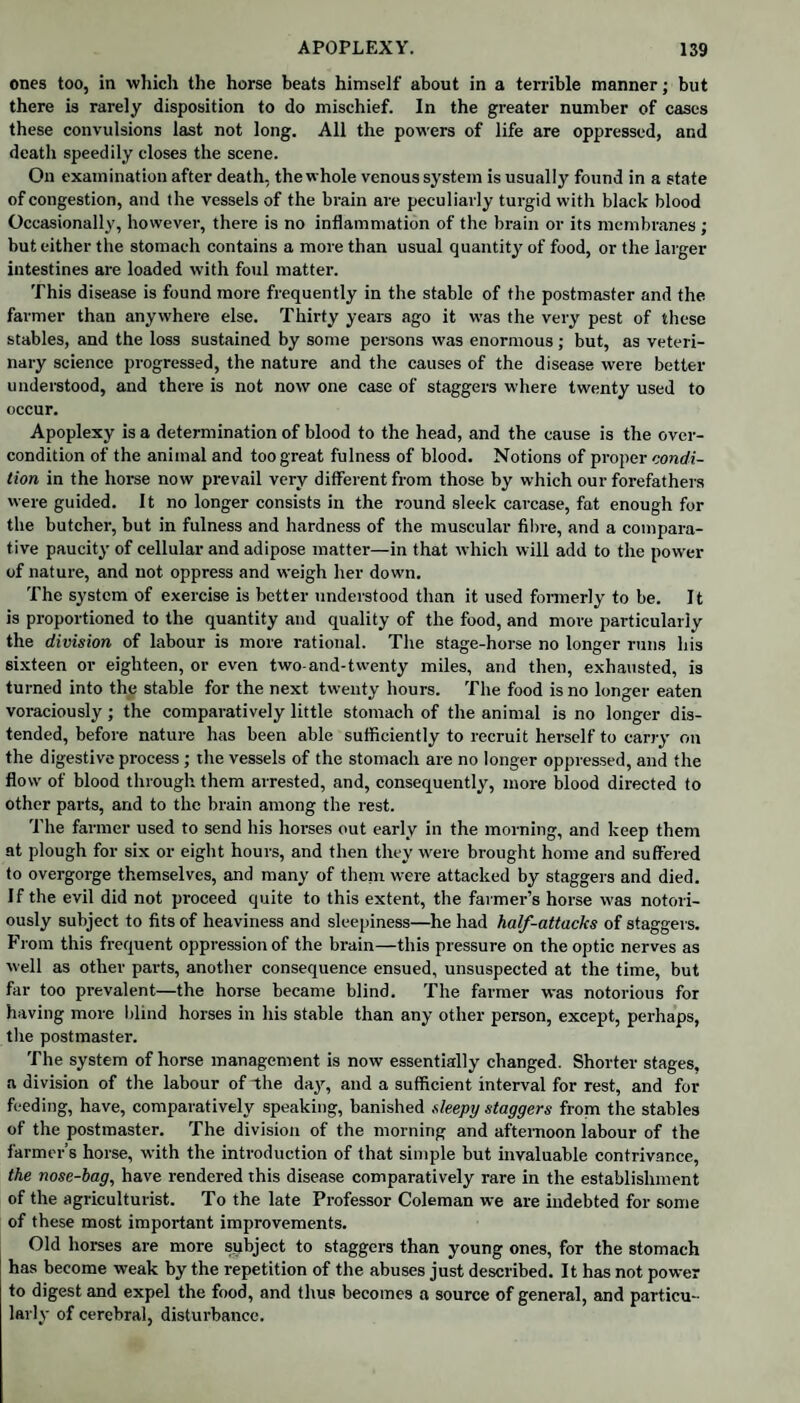 ones too, in which the horse beats himself about in a terrible manner; but there is rarely disposition to do mischief. In the greater number of cases these convulsions last not long. All the powers of life are oppressed, and death speedily closes the scene. On examination after death, the whole venous system is usually found in a state of congestion, and the vessels of the brain are peculiarly turgid with black blood Occasionally, however, there is no inflammation of the brain or its membranes ; but either the stomach contains a more than usual quantity of food, or the larger intestines are loaded with foul matter. This disease is found more frequently in the stable of the postmaster and the farmer than anywhere else. Thirty years ago it was the very pest of these stables, and the loss sustained by some persons was enormous; but, as veteri¬ nary science progressed, the nature and the causes of the disease were better understood, and there is not now one case of staggers where twenty used to occur. Apoplexy is a determination of blood to the head, and the cause is the over¬ condition of the animal and too great fulness of blood. Notions of proper condi¬ tion in the horse now prevail very different from those by which our forefathers were guided. It no longer consists in the round sleek carcase, fat enough for the butcher, but in fulness and hardness of the muscular fibre, and a compara¬ tive paucity of cellular and adipose matter—in that which will add to the power of nature, and not oppress and weigh her down. The system of exercise is better understood than it used formerly to be. It is proportioned to the quantity and quality of the food, and more particularly the division of labour is more rational. The stage-horse no longer runs his sixteen or eighteen, or even two-and-twenty miles, and then, exhausted, is turned into the stable for the next twenty hours. The food is no longer eaten voraciously; the comparatively little stomach of the animal is no longer dis¬ tended, before nature has been able sufficiently to recruit herself to carry on the digestive process ; the vessels of the stomach are no longer oppressed, and the flow of blood through them arrested, and, consequently, more blood directed to other parts, and to the brain among the rest. 'fixe farmer used to send his horses out early in the morning, and keep them at plough for six or eight hours, and then they tvere brought home and suffered to overgorge themselves, and many of them were attacked by staggeis and died. If the evil did not proceed quite to this extent, the farmei-’s horse was notori¬ ously subject to fits of heaviness and sleepiness—he had half-attacks of staggers. From this frequent oppression of the brain—this pressure on the optic nerves as well as other parts, another consequence ensued, unsuspected at the time, but far too prevalent—the horse became blind. The farmer was notorious for having more blind horses in his stable than any other person, except, perhaps, the postmaster. The system of horse management is now essentially changed. Shorter stages, a division of the labour of -the day, and a sufficient interval for rest, and for feeding, have, compai’atively speaking, banished sleepy staggers from the stables of the postmaster. The division of the morning and afternoon labour of the farmer’s horse, with the introduction of that simple but invaluable contrivance, the nose-hag, have rendered this disease comparatively rare in the establishment of the agriculturist. To the late Pi-ofessor Coleman we are indebted for some of these most important improvements. Old horses are more subject to staggers than young ones, for the stomach has become weak by the repetition of the abuses just described. It has not power to digest and expel the food, and thus becomes a source of general, and particu¬ larly of cerebral, disturbance.