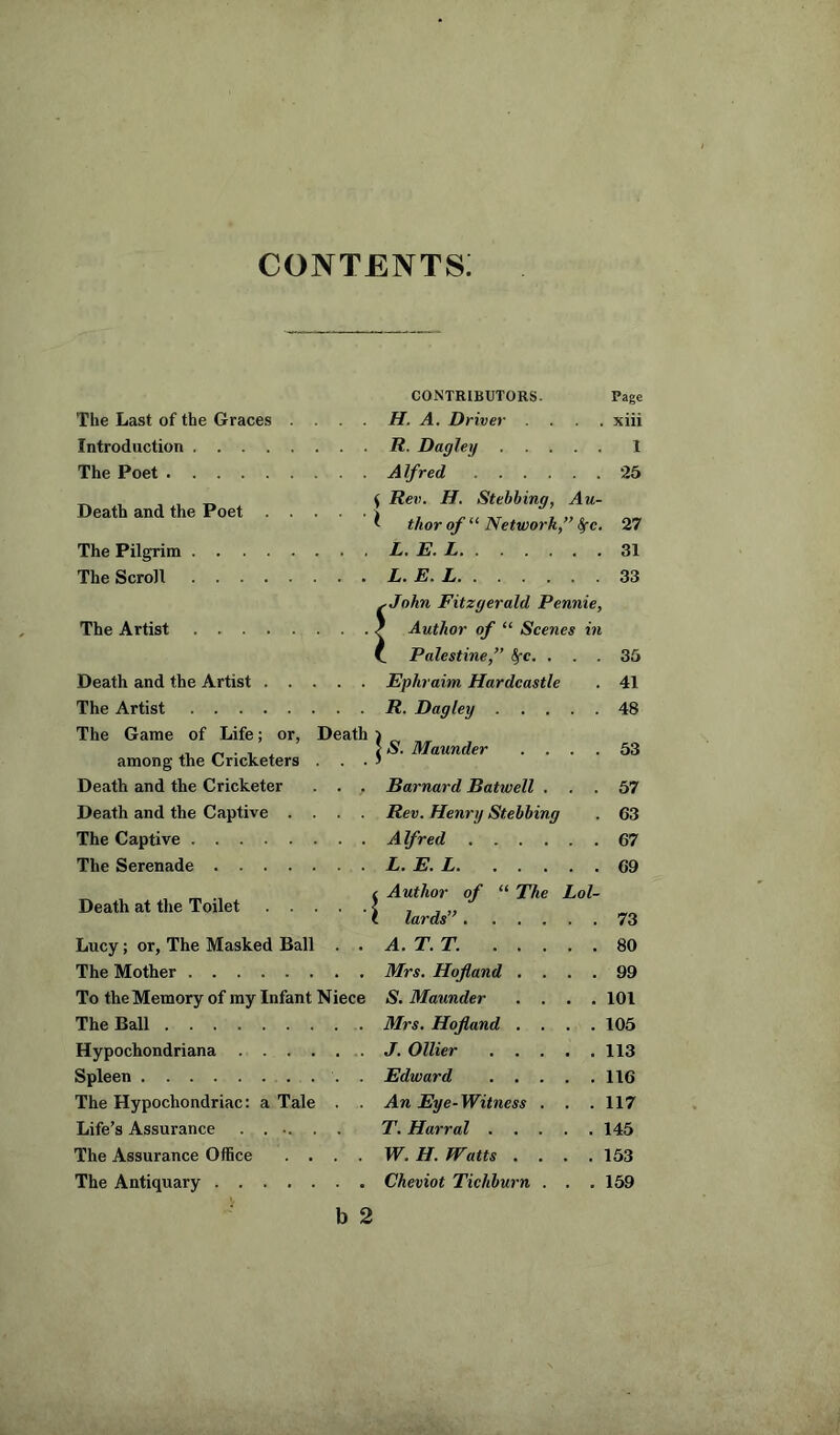 contents; The Last of the Graces Introduction . . . . The Poet Death and the Poet The Pilgrim .... The Scroll .... CONTRIBUTORS. Page H. A. Driver .... xiii R. Dagley I A If red 25 { Rev. H. Stebbing, Au- i thor of u Network,” fyc. 27 L.E.L 31 L.E.L 33 The Artist Death and the Artist The Artist The Game of Life; or, Death among the Cricketers . . . Death and the Cricketer . . , Death and the Captive .... The Captive The Serenade Death at the Toilet Lucy; or, The Masked Ball . . The Mother To the Memory of my Infant Niece The Ball Hypochondriana Spleen . The Hypochondriac: a Tale . . Life’s Assurance ...... The Assurance Office .... The Antiquary John Fitzgerald Pennie, Author of “ Scenes in I Palestine,” fyc. ... 35 Ephraim Hardcastle . 41 R. Dagley 48 | S. Maunder .... 53 Barnard Batwell ... 57 Rev. Henry Stebbing . 63 A If red 67 L.E.L 69 c Author of “ The Lol- I lards” 73 A.T.T. 80 Mrs. Hofland .... 99 S. Maunder .... 101 Mrs. Hofland .... 105 J. Ollier 113 Edward 116 An Eye-Witness . . .117 T. Harral 145 W. H. Watts .... 153 Cheviot Tichburn . . . 159