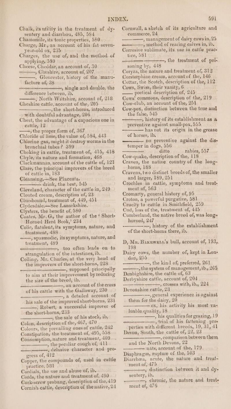 Chalk, its utility in the treatment of dy- sentery and diarrhoea, 485, 594 Chamomile, its tonic properties, 580) Charge, Mr:,an account of his: fat seven- year-old ox, 235 ; Charges, the use of, and the: method of applying, 580 Cheese, Cheddar, an account-of, 30 , Cheshire, account of, 207 , Gloucester, history of the manu- facture of, 38 , single and double, the difference between, ib. ; , North Wiltshire, account of, 218 Cheshire cattle, account of the, 205 —_______—,, the short-horns, introduced with doubtful advantage, 206 Chest, the advantage of a capacious one in cattle, 12 , the proper form of, 367 Chloride of lime, the value of, 584, 443 Chlorine gas, might it destroy worms in the bronchial tubes ? 399 Choking in cattle, treatment of, 415, 418 Chyle, its nature and formation, 468 Clackmannan, account of the cattle of, 121 Clare, the principal improvers of the breed of cattle in, 183 Cleansing.—See Placenta. ————-- drink, the best, 545 Cleveland, character of the cattle in, 249 Clouted cream, description of, 23 Clue-bound, treatment of, 449, 451 Clydesdale.—See Lanarkshire. Clysters, the benefit of, 580 Coates, Mr. Gy the author of the ‘ Short- Horned Herd Book,’ 234 Colic, flatulent, its symptoms, nature, and treatment, 488 ——, spasmodic, its symptoms, nature, and treatment, 489 , too often leads on to strangulation of the intestines, ib. Colling, Mr, Charles, at the very head of the improvers of the short-horns, 228 , supposed principally to aim at their improvement by reducing the size of the breed, ib. See, , an account of the cross of his cattle with the Galloway, 230 , a detailed account of his sale of the improved short-horns, 231 —, Robert, a successful improver of the short-horns, 233 , the sale of his stock, ib. Colon, description of the, 467, 470 Colours, the prevailing ones of cattle, 242 Constipation, the treatment of, 499, 598 Consumption, nature and treatment, 409 , the peculiar cough of, 411 +, delusive character: and. pro- gress of, 412 Copper, the compounds of, used in cattle practice, 581 Cordials, the use and abuse of, ib. Cords, the nature and treatment of, 490 Cork-screw probang, deseription of the, 419 Cornish.cattle, description of the native, 24 591 Cornwall, a sketch of its agriculture and commerce, 24 , management of dairy cows in, 25 o————, method of rearing calves in, 1b. Corrosive sublimate, its. use in cattle prac- tice, 581 —, the treatment of poi- soning by, 448 Coryza, the nature and treatment. of, 312 Corstorphine cream, account of the, 146 Cottar, the Scotch, description of the, 112 Cows, Swiss, their vanity, 6 poetical description of, 245 Cows’ commons, description of the, 219 Cow-club, an account of the, 251 Cow-pox, distinction between the true and the false, 545 ——, history of its establishment as a preventive against small-pox, 555 — has not its origin in the grease of horses, ib. no preventive against the dis- temper in dogs, 556 — ditto rabies, 557 Cow-quake, description of the, 118 Craven, the native country of the long- horns, 188 Cravens, two distinct breeds of, the smaller and larger, 189, 251 | Crochles in cattle, symptoms and treat- ment of, 563 Cromarty, general history of, 95 Croton, a powerful purgative, 581 Cruelty to cattle in Smithfield, 259 Cud, loss of the, treatment of, 445 Cumberland, the native breed of, was long- horned, 247 -——___-—., history of the establishment of the short-horns there, ib. es | D, Mr. Baxewew1’s bull, account of, 193,. 198 Dairy cows, the number of, kept in Lon- don, 255 ——_—_—-—, the kind of, preferred, 261 , the system of management, ib., 265. Denbighshire, the cattle of, 63 Derbyshire cattle, account of, 204 : , crosses with, ib,, 224 Devonshire cattle, 23 —, general experience is against them for the dairy, 20 ox, his activity his most va- Juable quality, 18 , his qualities for grazing, 19 , trial of his fattening pros perties with different breeds, 19, 31, 41 Devon, South, the cattle of, 22, 23 , comparison between them, and the North Devons, 22 nats, account of the, 179 Diaphragm, rupture of the, 503 Diarrhea, acute, the nature and_ treat- ment of, 475 , distinction between it and dy- sentery, ib. —, chronic, the nature and treat- ment of, 476 os ~