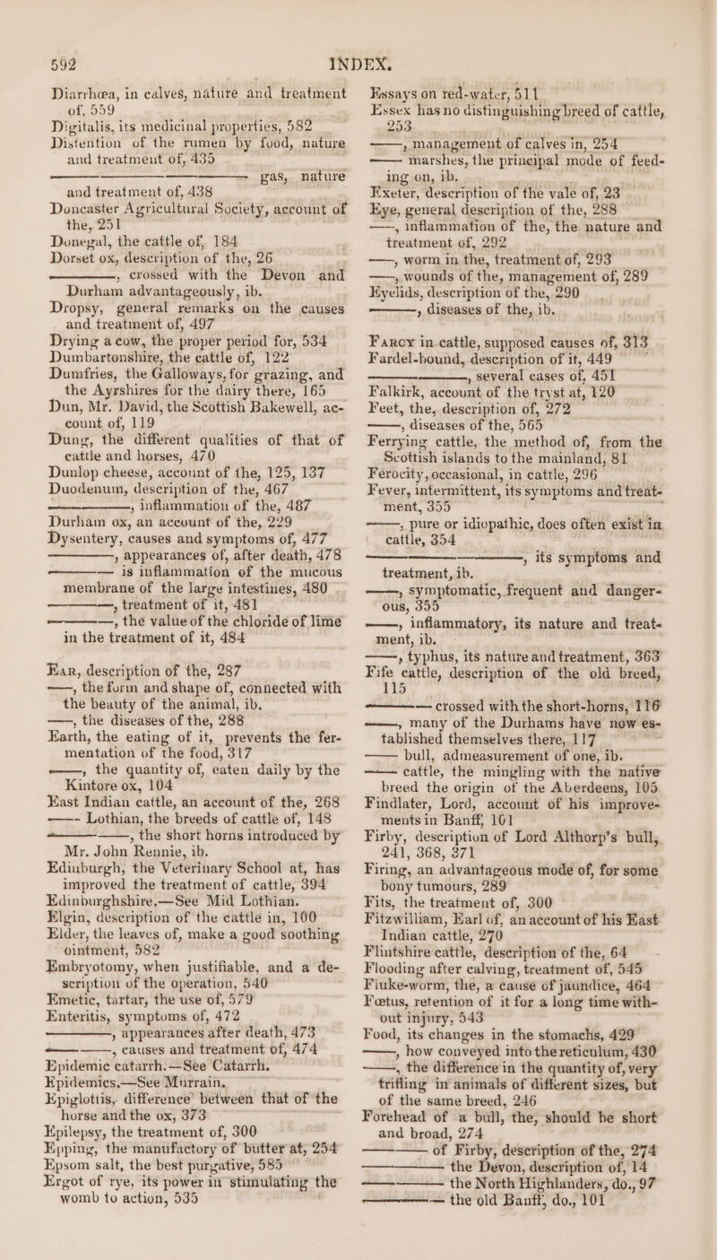 599 Diarrheea, in calves, nature and treatment of, 559 Digitalis, its medicinal properties, 582 Distention of the rumen by food, nature and treatment of, 435 nature ae ok ah gas, and treatment of, 438 Doncaster Agricultural Society, account of the, 251 Donegal, the cattle of, 184 Dorset ox, description of the, 26 , , crossed with the Devon and Durham advantageously, ib. Dropsy, general remarks on the causes and treatment of, 497 . Drying a cow, the proper period for, 534 Dumbartonshire, the cattle of, 122 Dumfries, the Galloways, for grazing, and the Ayrshires for the dairy there, 165 Dun, Mr. David, the Scottish Bakewell, ac- count of, 119 Dung, the different qualities of that of cattle and horses, 470 Dunlop cheese, account of the, 125, 137 Duodenum, description of the, 467 wate , inflammation of the, 487 Durham ox, an account of the, 229 Dysentery, causes and symptoms of, 477 , appearances of, after death, 478 — is inflammation ef the mucous membrane of the large intestines, 480 —, treatment of it, 48] —, the value of the chloride of lime in the treatment of it, 484 Ear, deseription of the, 287 —-, the furm and shape of, connected with the beauty of the animal, ib. —-, the diseases of the, 288 Earth, the eating of it, prevents the fer- mentation of the food, 317 -——, the quantity of, eaten daily by the Kintore ox, 104 East Indian cattle, an account of the, 268 -——- Lothian, the breeds of cattle of, 148 , the short horns introduced by Mr. John Rennie, ib. Edinburgh, the Veterinary School at, has improved the treatment of cattle, 394 Edinburghshire,—See Mid Lothian. Elgin, description of the cattle in, 100 Elder, the leaves of, make a good soothing ointment, 582 Embryotomy, when justifiable, and a de- scription of the operation, 540 Emetic, tartar, the use of, 579 Enteritis, symptoms of, 472 ) appearances after death, 473 , causes and treatment of, 474 Epidemic catarrh.—See Catarrh. Epidemics.—See Murrain. Epiglottis, difference’ between that of ‘the horse and the ox, 373 Epilepsy, the treatment of, 300 Epping, the manufactory of butter at, 254 Epsom salt, the best purgative, 585 Ergot of rye, its power in stimulating the womb to action, 535 Ch Essays on red-water, 511 Essex has no distinguishing breed of cattle, 293 ——, management of calves in, 254 marshes, the principal mode of feed- ing on, ib. Exeter, description of the vale of, 23 Eye, general description of the, 288 ——, inflammation of the, the nature and treatment of, 292 —~, worm in the, treatment of, 293 —~—, wounds of the, management of, 289 kyelids, description of the, 290 , diseases of the, ib. Farcy in. cattle, supposed causes of, 313 Fardel-hound, description of it, 449 , several cases of, 45] Falkirk, account of the tryst at, 120 Feet, the, description of, 272 , diseases of the, 565 Ferrying cattle, the method of, from the Scottish islands to the mainland, 81 Ferocity, occasional, in cattle, 296 Fever, intermittent, its symptoms and treat- ment, 355 , pure or idiopathic, does often exist 1 in cattle, 354 treatment, ib. ; symptomatic, frequent and danger- ous, 395 , inflammatory, its nature and treat. ment, ib. typhus. its nature and treatment, 363 Fife cattle, description of the old breed, 115 — , its symptoms and — crossed with the short-horns, 116 , many of the Durhams have now es- tablished themselves there, 117 ’ bull, admeasurement of one, ib. —— cattle, the mingling with the native breed the origin of the Aberdeens, 105 Findlater, Lord, account of his improve- ments in Banff 161 Firby, description of Lord Althorp’s bull, 241, 368, 371 Firing, an advantageous mode of, for some bony tumours, 289 Fits, the treatment of, 300 Fitzwilliam, Earl of, an account of his East Indian cattle, 270 Flintshire cattle, description of the, 64 Flooding after calving, treatment of, 545 Fiuke-worm, the, a cause of jaundice, 464 Fetus, retention of it for a long time with- out injury, 543 Food, its changes in the stomachs, 429 ——., how conveyed into the reticulum, 430 ——, the difference in the quantity of, very trifling in animals of different sizes, but of the same breed, 246 Forehead of a bull, the, should he short and broad, 274 of Firby, description of the, 274 the Devon, description of, 14 the North Highlanders, do., 97 — the old Banff, do., 101 ee ee