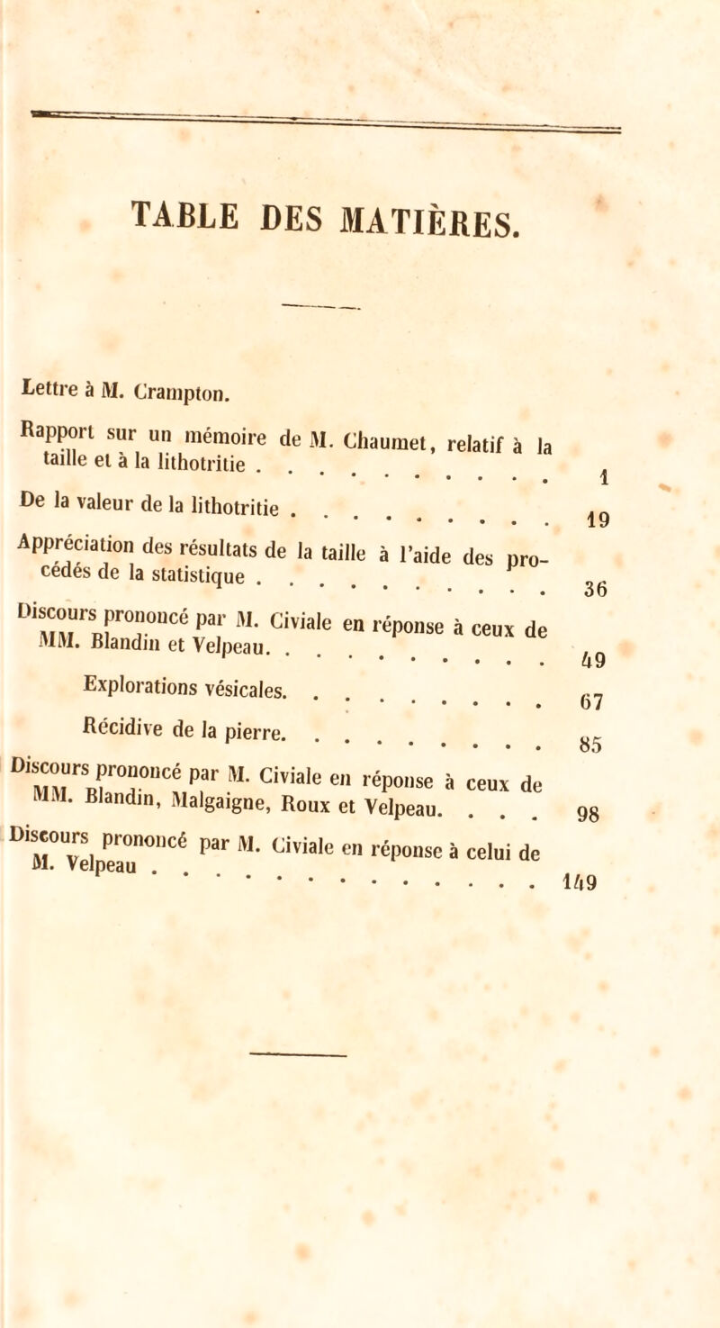 TABLE DES MATIÈRES. Lettre à M. C'ranipton. Rapport sur un mémoire de M. Chaumet, relatif à la taille et à la lithotritie . • • • • De la valeur de la lithotritie . Appréciation des résultats de la taille à l’aide des pro cédés de la statistique Discours prononcé par M. Civiale MM. Blandin et Velpeau. en réponse à ceux de Explorations vésicales. Récidive de la pierre. Discours prononcé par M. Civiale en MM. Blandin, Malgaigne, Roux et réponse à ceux de Velpeau. . . Discours prononcé par M. M. Velpeau . . Civiale en réponse à celui de