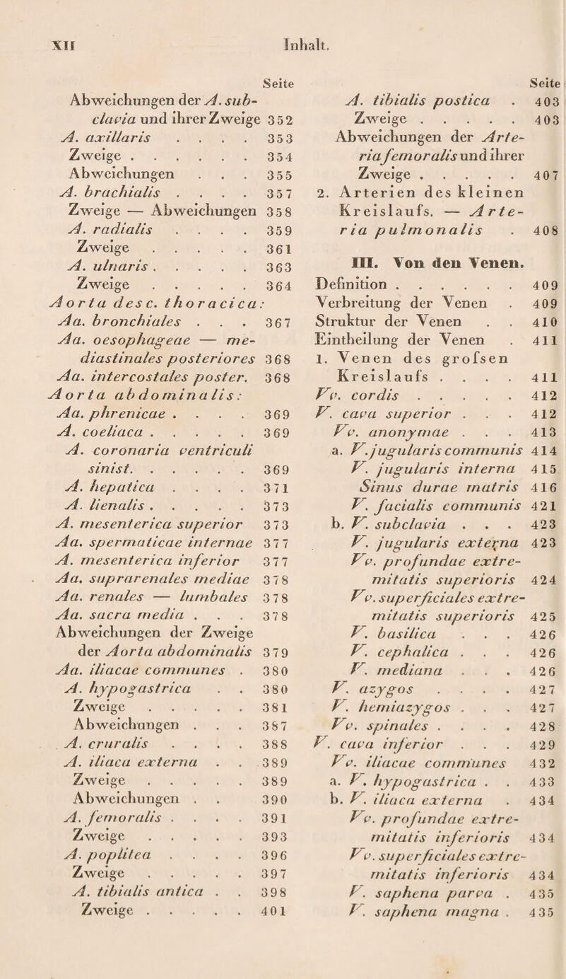 Seite Seite Abweichungen der A. sub¬ A. tibialis postica 403 clavia und ihrer Zweige 352 Zweige. 403 A. axillaris .... 353 Abweichungen der Arte- Zweige. 354 ria femoralis und ihrer Abweichungen 355 Zweige. 407 A. brachialis .... 3 5 7 2. Arterien des kleinen Zweige — Abweichungen 358 Kreislaufs. — Arte- A. radialis .... 359 ria pulrnonalis 408 Zweige. 361 A. ulnaris. 363 III. Von den Venen. Zweige. 3 64 Definition. 409 Aorta des c. thoracica .• Verbreitung der Venen 409 Aa. bronchiales . 367 Struktur der Venen 410 Aa. oesophageae — me- Eintheilung der Venen 411 diastinales posteriores 368 1. Venen des grofsen Aa. intercostales posier. 368 Kreislauf's . 411 Aorta ab do min a lis : Vv. cor dis. 412 Aa. phrenicae .... 369 V. cava superior . 412 A. coeliaca. 369 Vv. anonymae . 413 A. coronaria ventriculi a. V. jugulariscommunis 414 sin ist. 369 V. jugularis interna 415 A. hepatica .... 371 Sinus durae rnatris 416 A. lienalis. 373 V. facialis communis 421 A. mesenterica superior 373 b. V. subclavia . 423 Aa. spermaticae internae 377 />. jugularis externa 423 A. mesenterica inferior 377 Vv. profundue extre- Aa. suprarenales rnediae 378 mitatis superioris 424 Aa. renales — lumbales 37 8 Vv. superficiales extre- Aa. sacra media . 378 mitatis superioris 425 Abweichungen der Zweige basilica 426 der Aorta abdominalis 379 V. cephalica . 426 Aa. iliacae communes . 380 f'. mediana 426 A. hypogastrica 380 V. azygos .... 427 Zweige. 381 V. hemiazygos . 427 Abweichungen . 387 Vv. spinales .... 4 28 A. cruralis .... 388 V. cava inferior 429 A. iliaca externa 389 Vv. iliacae communes 432 Zweige. 389 a. P. hypogastrica . 433 Abweichungen . 390 b. x. iliaca externa 434 A. femoralis .... 391 Prv. profundae extre- Zweige. 393 mitatis inferioris 434 A. poplitea .... 396 P v. superficiales extre Zweige. 397 mitatis inferioris 434 A. tibialis antica . 398 P. saphena parva . 435 Zweige. 401 J . saphena magna . 435