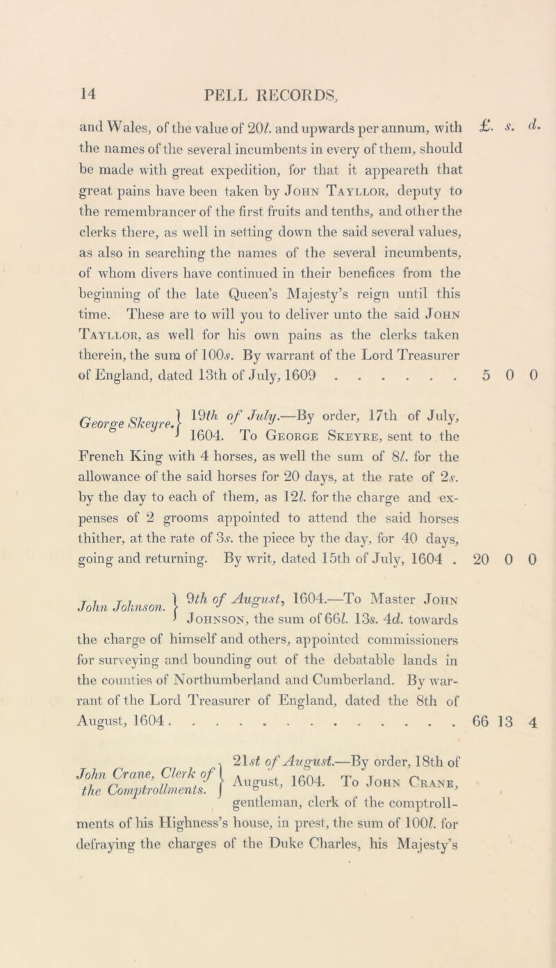 and Wales, of the value of 20/. and upwards per annum, with £• s. d. the names of the several incumbents in every of them, should be made with great expedition, for that it appeareth that great pains have been taken by John Tayllor, deputy to the remembrancer of the first fruits and tenths, and other the clerks there, as well in setting down the said several values, as also in searching the names of the several incumbents, of whom divers have continued in their benefices from the beginning of the late Queen’s Majesty’s reign until this time. These are to will you to deliver unto the said John Tayllor, as well for his own pains as the clerks taken therein, the sum of 100s. By warrant of the Lord Treasurer of England, dated 13th of July, 1609 5 0 0 n C7 1 19/A of July.—By order, 17th of July, (jreorge iSkeyre. > j u j J 1604. To George Skeyre, sent to the French King with 4 horses, as well the sum of 81. for the allowance of the said horses for 20 days, at the rate of 2s. by the day to each of them, as 12/. for the charge and ex- penses of 2 grooms appointed to attend the said horses thither, at the rate of 3s. the piece by the day, for 40 days, going and returning. By writ, dated 15th of July, 1604 20 0 0 John Johnson 1 o/* August, 1604.—To Master John ' Johnson, the sum of 66/. 13s. 4d. towards the charge of himself and others, appointed commissioners for surveying and bounding out of the debatable lands in the counties of Northumberland and Cumberland. By war- rant of the Lord Treasurer of England, dated the 8th of August, 1604 66 13 4 , 21s/ of August.—By order, 18th of Jthe CmptloUmmtf} Au«ust’ 1604' To JoHN Crane’ gentleman, clerk of the comptroll- ments of his Highness’s house, in prest, the sum of 100/. for defraying the charges of the Duke Charles, his Majesty’s