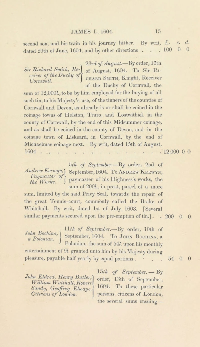 second son, and his train in his journey hither. By writ, £• s. d. dated 29th of June, 1604, and by other directions . . . 100 0 0 Sir Richard Smith, lie ceiver of the Duchy of\ Cornwall. 23rd of August.—By order, 16th of August, 1604. To Sir Ri- chard Smith, Knight, Receiver of the Duchy of Cornwall, the sum of 12,000/., to be by him employed for the buying of all such tin, to his Majesty’s use, of the tinners of the counties of Cornwall and Devon, as already is or shall be coined in the coinage towns of Helston, Truro, and Lostwithiel, in the county of Cornwall, by the end of this Midsummer coinage, and as shall be coined in the county of Devon, and in the coinage town of Liskeard, in Cornwall, by the end of Michaelmas coinage next. By writ, dated 15th of August, 1604 12,000 0 0 5th of September.—By order, 2nd of Andrew Kerwyn,'1 September, 1604. To Andrew Kerwyn, ^he Works °) Pa}'master of his Highness’s works, the sum of 200/., in prest, parcel of a more sum, limited by the said Privy Seal, towards the repair of the great Tennis-court, commonly called the Brake of Whitehall. By writ, dated 1st of July, 1603. [Several similar payments secured upon the pre-emption of tin.] . 200 0 0 Wih of September.—By order, 10th of llpoloniana’} September, 1604. To John Bochina, a ^ Pol on inn. tTlP 9ilim nf ?i4 / nrwvn luc rrw-vnililvr Polonian, the sum of 54/. upon his monthly entertainment of 9/. granted unto him by his Majesty during pleasure, payable half yearly by equal portions . 54 0 0 John Eldred, Henry Butler, William Walthall, Robert Sandy, Geoffrey Elicaye, Citizens of London. 15th of September.— By order, 13th of September, 1604. To these particular persons, citizens of London, the several sums ensuing-—