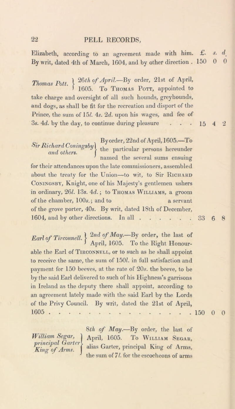 Elizabeth, according to an agreement made with him. By writ, dated 4th of March, 1604, and by other direction . Thomas Pott 1 mk »f April—By order, 21st of April, > 1605. To Thomas Pott, appointed to take charge and oversight of all such hounds, greyhounds, and dogs, as shall be fit for the recreation and disport of the Prince, the sum of 15/. 4s. 2d. upon his wages, and fee of 3^. 4d. by the day, to continue during pleasure By order, 22nd of April, 1605.—To &ir Richard Coninasby I . , , • ,7 v > the particular persons hereunder and others. j 1 1 } named the several sums ensuing for their attendances upon the late commissioners, assembled about the treaty for the Union—to wit, to Sir Richard Coningsby, Knight, one of his Majesty’s gentlemen ushers in ordinary, 26/. 13s. 4d.; to Thomas Williams, a groom of the chamber, 100s.; and to a servant of the grove porter, 40s. By writ, dated 18th of December, 1604, and by other directions. In all Earl of Tirconnell. \ of May.-Ky order, the last of > April, 1605. To the Right Honour- able the Earl of Tirconnell, or to such as he shall appoint to receive the same, the sum of 150/. in full satisfaction and payment for 150 beeves, at the rate of 20s. the beeve, to be by the said Earl delivered to such of his Highness’s garrisons in Ireland as the deputy there shall appoint, according to an agreement lately made with the said Earl by the Lords of the Privy Council. By writ, dated the 21st of April, 1605 William Segar, principal Garter King of Arms. 8th of May.—By order, the last of April, 1605. To William Segar, alias Garter, principal King of Arms, the sum of 7/. for the escocheons of arms £. s. d' 150 0 6 15 4 2 33 6 8 150 0 0