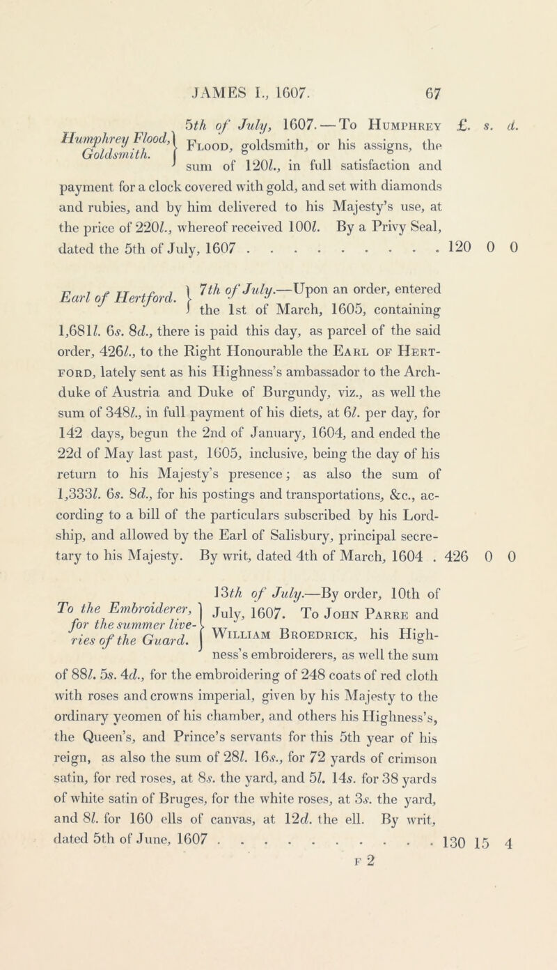 5th of July, 1607. — To Humphrey £. s. d. Humph) ey Flood\ pL00D goldsmith, or his assigns, the Goldsmith. ( ° J sum of 1201., in full satisfaction and payment for a clock covered with gold, and set with diamonds and rubies, and by him delivered to his Majesty’s use, at the price of 220/., whereof received 100/. By a Privy Seal, dated the 5th of July, 1607 120 0 0 Earl of Hertford. 1 ™ »/■*<&—Upon an order, entered ‘ the 1st of March, 1605, containing 1,6811. 0s. 8d., there is paid this day, as parcel of the said order, 426/., to the Right Honourable the Earl of Hert- ford, lately sent as his Highness’s ambassador to the Arch- duke of Austria and Duke of Burgundy, viz., as well the sum of 348/., in full payment of his diets, at 01. per day, for 142 days, begun the 2nd of January, 1604, and ended the 22d of May last past, 1605, inclusive, being the day of his return to his Majesty’s presence; as also the sum of 1,333/. 0s. 8c/., for his postings and transportations, &c., ac- cording to a bill of the particulars subscribed by his Lord- ship, and allowed by the Earl of Salisbury, principal secre- tary to his Majesty. By writ, dated 4th of March, 1604 . 426 0 0 13th of July.—By order, 10th of To the Embroiderer, 1 Jul„ i607_ To JoHN pARRE and for the summer live-\ ,XT . . TT. , Ties of the Guard. (William Broedrick, his High- ness’s embroiderers, as well the sum of 88/. 5s. 4c/., for the embroidering of 248 coats of red cloth with roses and crowns imperial, given by his Majesty to the ordinary yeomen of his chamber, and others his Highness’s, the Queen’s, and Prince’s servants for this 5th year of his reign, as also the sum of 28/. 16,?., for 72 yards of crimson satin, for red roses, at 8s. the yard, and 51. 14s. for 38 yards of white satin of Bruges, for the white roses, at 3s. the yard, and 81. for 160 ells of canvas, at 12d. the ell. By writ, dated 5th of June, 1607 ]30 15 4 f 2