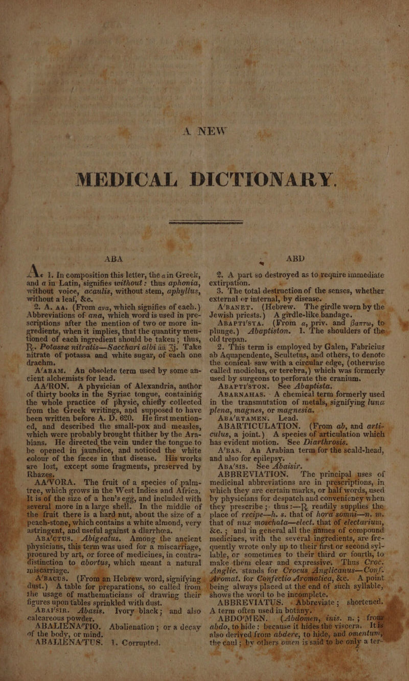 * Shi i 4 x , oe ye  ct eet ABA - A. 1. In composition this letter, the ain Greek, and a in Latin, signifies without: thus aphonia, without a leaf, &amp;e. 2, A. 4a. (From ava, which signifies of cach.) Abbreviations of ana, which word is used in pre- seriptions after the mention of two or more in- gredients, when it implies, that the quantity men- tioned of each ingredient should be taken ; thus, » Ri. Potasse nitratis—Sacchari albi aa Zj. Take _._- nitrate of potassa and white sugar, of each one * A/aBAM. An obsolete term used by some an- ~__ cient alchemists for lead. _ AA/RON, A Cir gpa of Alexandria, author i. of thirty books in the Syriac tongue, containing the whole practice of physic, chiefly collected _ from the Greek writings, and supposed to have _._ been written before A. D, 620. He first mention- ed, and described the small-pox and measles, which were probably brought thither by the Ara- bians. He directed the vein under the tongue.to be opened in jaundice, and noticed the white eolour of the feces in that disease. His works py lost, except some fragments, preserved by baz . _ AA’/VORA. The fruit of a species of palm- tree, which grows in the West Indies and Africa. the usage of mathematicians of drawing thei figures upon tables sprinkled with dust. > Aparsin. “Abasis. Ivory black; ‘and also calcareous powder, LJ any ied ABALIENA’TIO, of the body, or mind. _, ~ABALIENA/TUS, $ X, Corrupted. | ? ‘ ap awe B50 aBD 7. Rea 2. A part so destroyed as to require immediate + extirpation. - 3, The total d ction of the senses, whether external or internal, by disease. i A’/panET. (Hebrew. The girdle worn by the Jewish priests.) A girdle-like bandage. . ABaPTi/sta. (Brom a, priv. and Barra, to plunge.) Abaptiston. 1. The shoulders of the old trepan. ; 2. This term is employed by Galen, Fabricius ab Aquapendente, Scultetus, and others, to denote ‘ the conical. saw with a circular edge, (otherwise called modiolus, or terebra,) which was formerly used by surgeons to perforate the cranium. ABaPTi/sTON. See Abaptisia. _ ABARNAHAS. - A ga uid used in the transmutation of metals, signifying luna plena, magnes, or magnesia, ABa/RTAMEN. Lead. ABARTICULATION. (Fron culus, a joint.) A species of ‘arti has evident motion. See Diarthrosis. A'bas. An Arabian term for the and also for epilepsy, * Asa/sis. See Abaisir. re ABBREVIATION. ‘The prin medicinal abbreviations are in prescriptions, in which they are certain marks, or if ords, used by physicians for despatch and co ney when. they prescribe ;» thus:—R readi lies the. ' place of recipe—h. s. that of ho N, that of nuc m ata—elect. th &amp;e. ; and in general all the Han medicines, with the several i quently wrote only up to thei lable, or sometimes to the make them clear and expre Crocu: hows the word to be inc ABBREVIATUS. +A A term often used in botai MEN. . (Abd