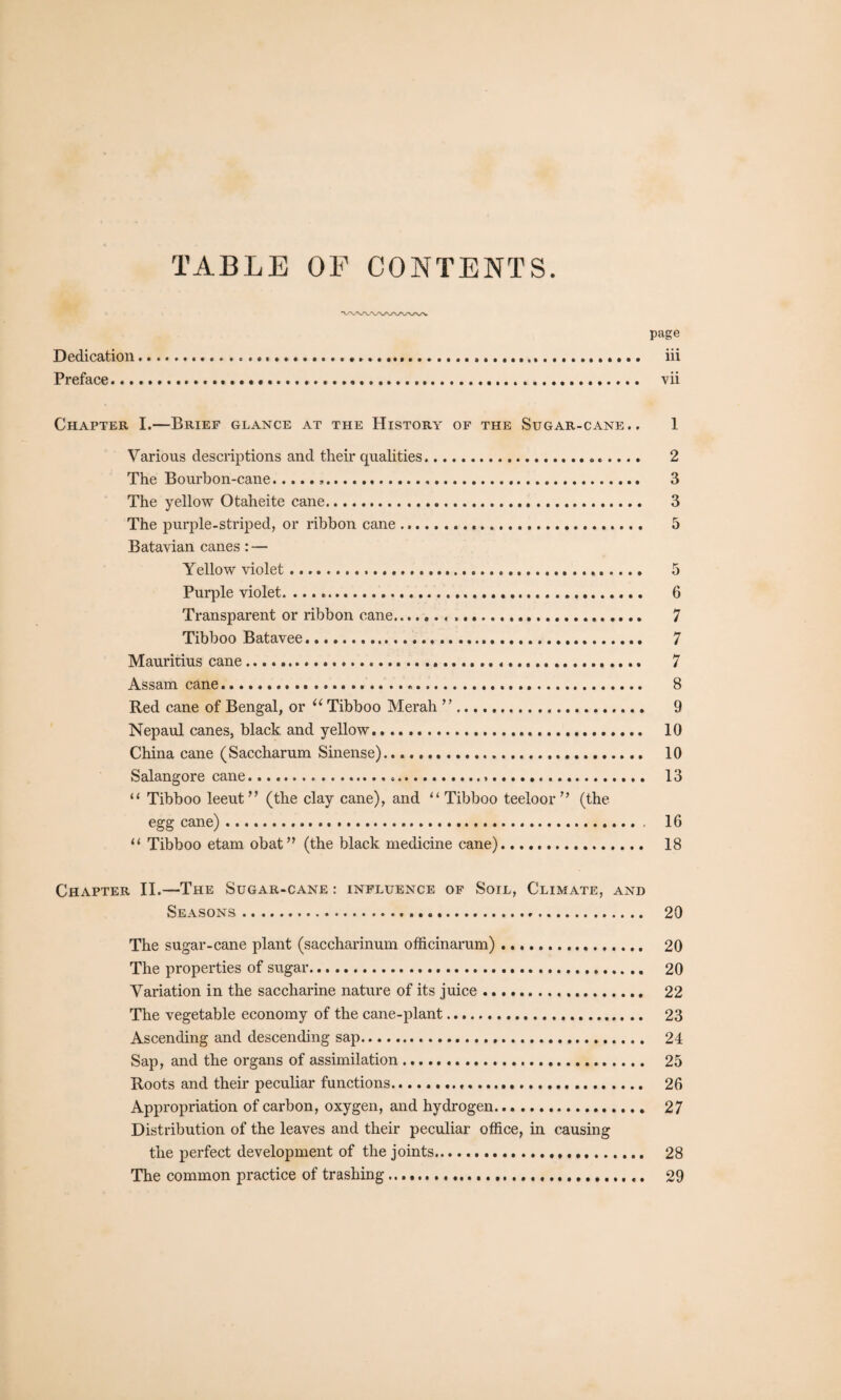 TABLE OP CONTENTS. page Dedication ... iii Preface. vii Chapter I.—Brief glance at the History of the Sugar-cane.. Various descriptions and their qualities..... The Bourbon-cane.,... The yellow Otaheite cane. The purple-striped, or ribbon cane .. Batavian canes: — Yellow violet.. Purple violet. .. Transparent or ribbon cane... Tibboo Batavee... Mauritius cane... Assam cane.... Red cane of Bengal, or “ Tibboo Merah ” ... Nepaul canes, black and yellow. China cane (Saccharum Sinense)......... Salangore cane.... “ Tibboo leeut” (the clay cane), and u Tibboo teeloor ” (the egg cane)... “ Tibboo etam obat” (the black medicine cane). 1 2 3 3 5 6 7 7 7 8 9 10 10 13 16 18 Chapter II.—The Sugar-cane : influence of Soil, Climate, and Seasons. 20 The sugar-cane plant (saccharinum officinarum). 20 The properties of sugar... 20 Variation in the saccharine nature of its juice. 22 The vegetable economy of the cane-plant.. 23 Ascending and descending sap. 24 Sap, and the organs of assimilation. 25 Roots and their peculiar functions. 26 Appropriation of carbon, oxygen, and hydrogen. 27 Distribution of the leaves and their peculiar office, in causing the perfect development of the joints. 28 The common practice of trashing. 29