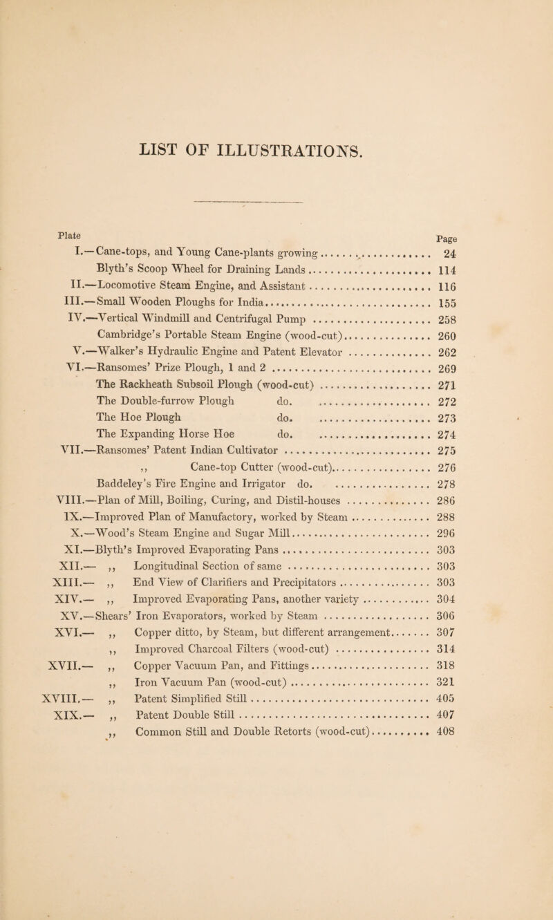 LIST OF ILLUSTRATIONS. Plate Page I. —Cane-tops, and Young Cane-plants growing.. 24 Blyth’s Scoop Wheel for Draining Lands. 114 II. —Locomotive Steam Engine, and Assistant. 116 III. — Small Wooden Ploughs for India. 155 IV. —Vertical Windmill and Centrifugal Pump . 258 Cambridge’s Portable Steam Engine (wood-cut). 260 V.—Walker’s Hydraulic Engine and Patent Elevator. 262 VI.—Ransomes’ Prize Plough, 1 and 2...269 The Rackheath Subsoil Plough (wood-cut). 271 The Double-furrow Plough do. 272 The Hoe Plough do. 273 The Expanding Horse Hoe do. 274 VII.—Ransomes’ Patent Indian Cultivator. 275 ,, Cane-top Cutter (wood-cut). 276 Baddeley’s Fire Engine and Irrigator do.278 VIII.—Plan of Mill, Boiling, Curing, and Distil-houses. 286 IX.—Improved Plan of Manufactory, worked by Steam. 288 X.—Wood’s Steam Engine and Sugar Mill. 296 XI.—Blyth’s Improved Evaporating Pans. 303 XII.—- ,, Longitudinal Section of same. 303 XIII. — ,, End View of Clarifiers and Precipitators. 303 XIV. — ,, Improved Evaporating Pans, another variety. 304 XV.—Shears’ Iron Evaporators, worked by Steam. 306 XVI.— ,, Copper ditto, by Steam, but different arrangement. 307 ,, Improved Charcoal Filters (wood-cut) . 314 XVII.— ,, Copper Vacuum Pan, and Fittings. 318 ,, Iron Vacuum Pan (wood-cut). 321 XVIII.— ,, Patent Simplified Still. 405 XIX.— ,, Patent Double Still. 407 ,, Common Still and Double Retorts (wood-cut).. 408