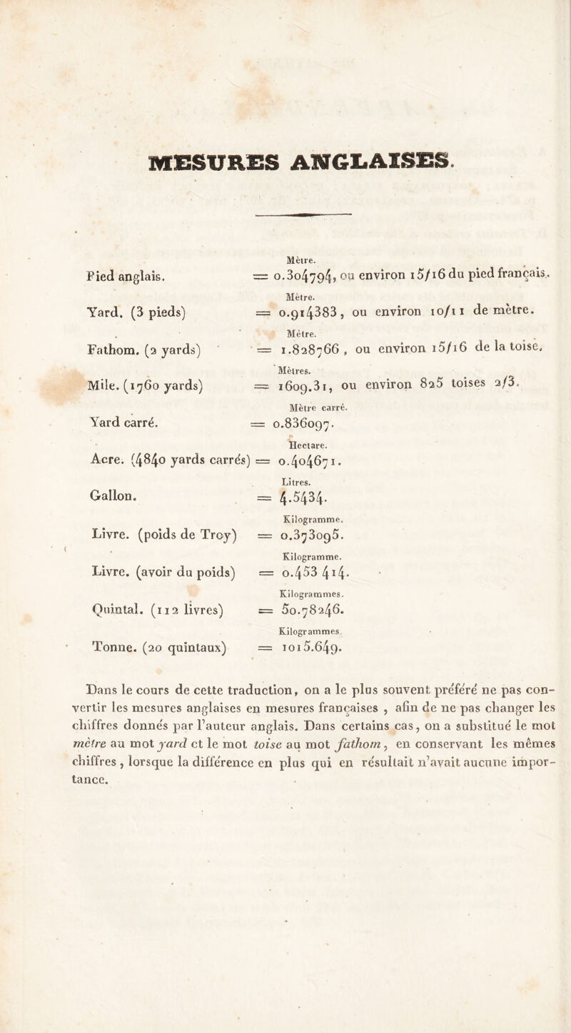 MESURAS ANGLAISES. ( Mètre. Pied anglais. Yard. (3 pieds) = o,3o4794»C'^ environ 15/16 du pied français,. Mètre. = 0,914383, OU environ lo/ii de mètre. Mètre. Fathom, (a yards) = 1.828766, ou environ i5/i6 de la toise. Mile. (1760 yards) Yard carré. Mètres. == 1609.31, ou environ 8a5 toises a/S. Mètre carré. = 0.836097. Hectare. Acre. (4340 yards carrés) = 0.404671. Litres. Gallon. = 4»54^4' Eilogramme. Livre, (poids de Troy) = 0.378095. Kilogramme. Livre, (avoir du poids) = o.453 4ï4’ Kilogrammes. Quintal, (i 12 livres) = 60.78246. Kilogrammes, Tonne. (20 quintaux) = 1015.649* Dans le cours de cette traduction, on a le plus souvent préféré ne pas con- vertir les mesures anglaises en mesures françaises , afin de ne pas changer les chiffres donnés par Fauteur anglais. Dans certains cas, on a substitué le mot mètre au mol yard et le mot toise au mot fathom^ en conservant les mêmes ch iff res , lorsque la différence en plus qui en résultait n’avait aucune impor- tance.