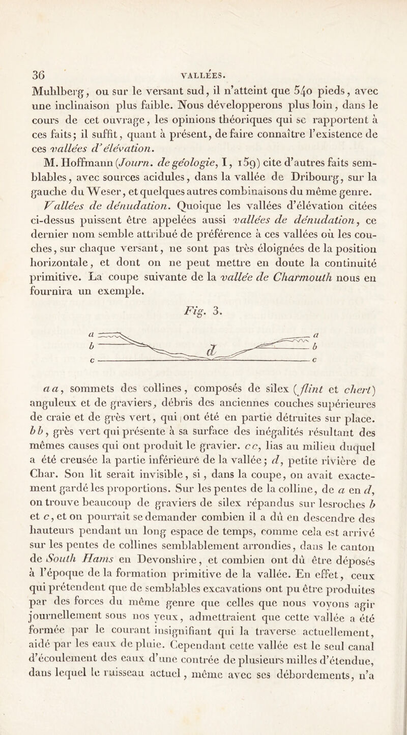 Mulilberg, ou sur le versant sud, il n’atteint que 54o pieds, avec une inclinaison plus faible. Nous développerons plus loin, dans le cours de cet ouvrage, les opinions théoriques qui sc rapportent à ces faits* il suffit, quant à présent, défaire connaître l’existence de ces vallées éléK>ation, M. Hoffmann [Journ. de géologie, I, iSg) cite d’autres faits sem- blables, avec sources acidulés, dans la vallée de Dribourg, sur la gaucbe du Weser, et quelques autres combinaisons du même genre. Vallées de dénudation. Quoique les vallées d’élévation citées ci-dessus puissent être appelées aussi vallées de dénudation, ce dernier nom semble attribué de préférence à ces vallées où les cou- cbes, sur chaque versant, ne sont pas très éloignées de la position horizontale, et dont on ne peut mettre en doute la continuité primitive. La coupe suivante de la vallée de Cliarmoulh nous en fournira un exemple. Fig. 3. aa, sommets des collines, composés de silex {flint et chert) anguleux et de graviers, débris des anciennes couches supérieures de craie et de grès vert, qui |Ont été en partie détruites sur place. bh, grès vert qui présente à sa surface des inégalités résultant des mêmes causes qui ont produit le gravier, ce, lias au milieu duquel a été creusée la partie infériéuré de la vallée • d, petite rivière de Char. Son lit serait invisible, si, dans la coupe, on avait exacte- ment gardé les proportions. Sur les pentes de la colline, de a en d, on trouve beaucoup de graviers de silex répandus sur lesroches b et <?, et on pourrait se demander combien il a du en descendre des hauteurs pendant un long espace de temps, comme cela est arrivé sur les pentes de collines semblablement arrondies, dans le canton de South Hams en Devonshire, et combien ont du être déposés à l’époque delà formation primitive de la vallée. En effet, ceux qui prétendent que de semblables excavations ont pu être produites par des forces du même genre que celles que nous voyons agir journellement sous nos yeux, admettraient que cette vallée a été formée par le courant insignifiant qui la traverse actuellement, aidé par les eaux de pluie. Cependant cette vallée est le seul canal d’écoulement des eaux d’une contrée de plusieurs milles d’étendue, dans lequel le ruisseau actuel, même avec scs débordements, n’a