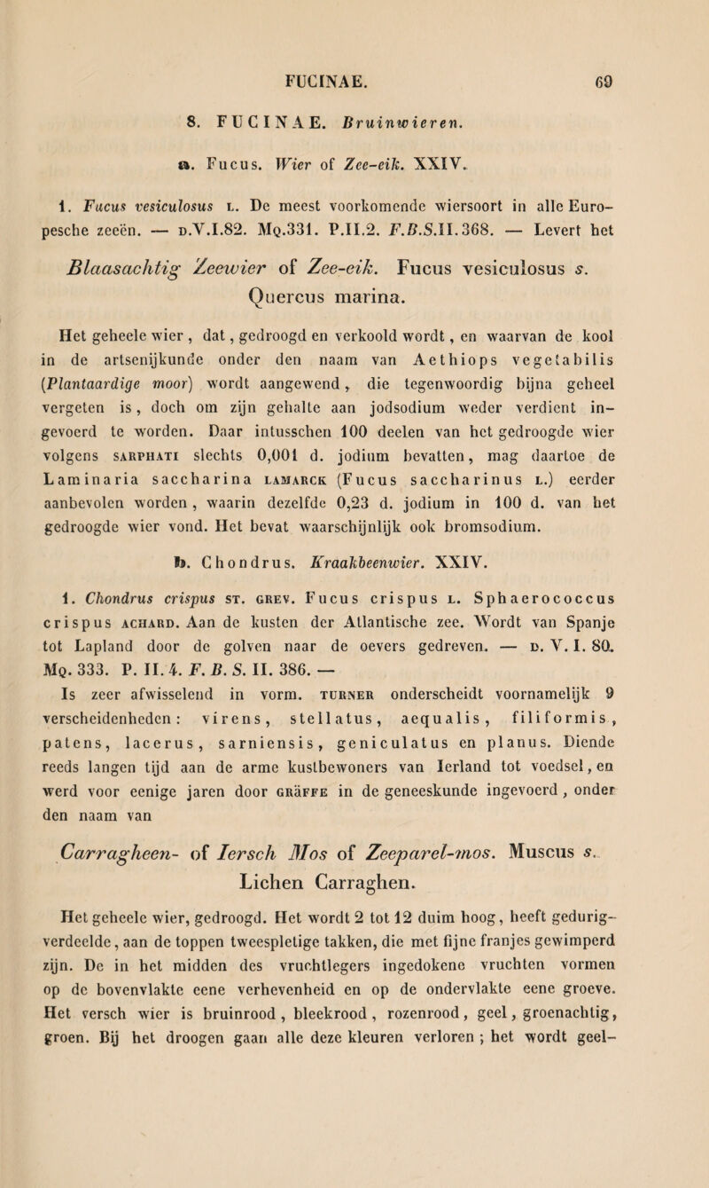 8. FUCINAE. Bruinwieren. &. Fucus. Wier of Zee-eik. XXIV.. 1. Fucus vesiculosus l. De meest voorkomende wiersoort in alle Euro- pesche zeeën. — n.V.1.82. Mq.331. P.II.2. F.B.S. 11.368. -— Levert het Blaasachtig Zeewier of Zee-eik. Fucus vesiculosus s. Quercus marina. Het geheele wier , dat, gedroogd en verkoold wordt, en waarvan de kool in de artsenijkunde onder den naam van Aethiops vegetabil is (Plantaardige moor) wordt aangewend , die tegenwoordig bijna geheel vergeten is, doch om zijn gehalte aan jodsodium weder verdient in¬ gevoerd te worden. Daar intusschen 100 deelen van het gedroogde wier volgens sarphati slechts 0,001 d. jodium bevatten, mag daartoe de Laminaria saccharina lamarck (Fucus Saccharinus l.) eerder aanbevolen worden , waarin dezelfde 0,23 d. jodium in 100 d. van het gedroogde wier vond. Het bevat waarschijnlijk ook bromsodium. Ij. Chondrus. Kraakbeenwier. XXIV. 1. Chondrus crispus st. grev. Fucus crispus l. Sphaerococcus crispus ACHARD. Aan de kusten der Atlantische zee. Wordt van Spanje tot Lapland door de golven naar de oevers gedreven. — d. Y. I. 80. MQ. 333. P. II. 4. F. B. S. II. 386. — Is zeer afwisselend in vorm. turner onderscheidt voornamelijk 9 verscheidenheden: virens, steil atus, aequalis, filiformis, patens, lacerus, sarniensis, geniculatus en planus. Diende reeds langen tijd aan de arme kustbewoners van Ierland tot voedsel, en werd voor eenige jaren door grüffe in de geneeskunde ingevoerd, onder den naam van Carragheen- of Iersch Mos of Zeeparel-mos. Muscus s... Lichen Carraghen. Het geheele wier, gedroogd. Het wordt 2 tot 12 duim hoog, heeft gedurig- verdeelde, aan de toppen tweespletige takken, die met fijne franjes gewimperd zijn. De in het midden des vruchtlegers ingedokene vruchten vormen op de bovenvlakte eene verhevenheid en op de ondervlakte eene groeve. Het versch wier is bruinrood, bleekrood, rozenrood, geel, groenachtig, groen. Bij het droogen gaan alle deze kleuren verloren ; het wordt geel-