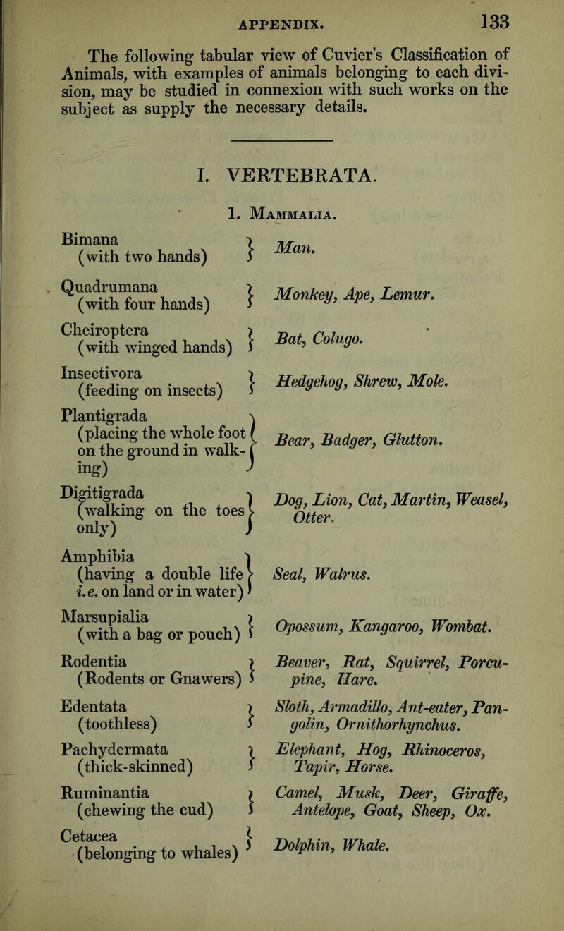 The following tabular view of Cuvier’s Classification of Animals, with examples of animals belonging to each divi- sion, may be studied in connexion with such works on the subject as supply the necessary details. I. VERTEBRATA. 1. Mammalia. Bimana (with two hands) . Quadrumana (with four hands) Cheiroptera (with winged hands) Man. Monkey, Ape, Lemur. Bat, Colugo. Insectivora > (feeding on insects) 5 Plantigrada (placing the whole foot on the ground in walk ing) Digitigrada ^ (walking on the toes l only) J Amphibia ^ (having a double life > i.e. on land or in water) * Marsupialia > (with a bag or pouch) > Hedgehog, Shrew, Mole. Bear, Badger, Glutton. Dog, Lion, Cat, Martin, Weasel, Otter. Seal, Walrus. Opossum, Kangaroo, Wombat. Rodentia (Rodents or Gnawers) Beaver, Rat, Squirrel, Porcu- pine, Hare. Edentata (toothless) Pachydermata (thick-skinned) Sloth, Armadillo, Ant-eater, Pan- golin, Ornithorhynchus. Elephant, Hog, Rhinoceros, Tapir, Horse. Ruminantia > (chewing the cud) J Cetacea J (belonging to whales) Camel, Musk, Deer, Giraffe, Antelope, Goat, Sheep, Ox. Dolphin, Whale.