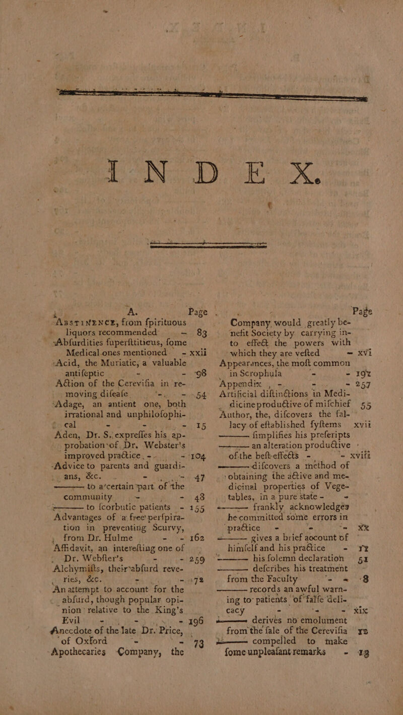 _- antifeptic cs - Aion of the Cerevifia in re- moving difeafle = ‘-,— - ‘Adage, an antient one, both irrational and uapblplophi- £5 cal Aden, Dr. S, ieemeiile his fi probation‘of. Dr. Webster's improved practice, -- ts ees ‘Advice to parents and guardi- wipnis, eC. 1S - A - to a‘certain part of the community ~ - to {corbutic patients - Advantages of ‘a free’ perf{pira- tion in preventing Scurvy, , from Dr. Hulme | pei eae Affidavit, an interefting one of - Dr. Webfier’s - 4 Alchymitts, theircabfurd reve- Geries,) ee. te a An attempt to account for the _abfurd, though popular opi- “nion’ relative to the aes. s Evil - Anecdote of the Mahe: Dr. Price, ‘of Oxford - Apothecaries Company, the 83 Xxli 98 “O4 15 ‘104 47 48 155 162 259 172 196 73 Company, would greatly be- nefit Society by carrying in- to effeét the powers with which they are vefted Appearances, t the moft common nk Scrophula - - Appendix , - a Artificial dikinbione’s in Medi- . dicine produ@tive of mifchief Author, the, difcovers the fal- lacy of eftablished fyftems fimplifies his preferipts ofthe beft-effeéts - difcovers a method of ‘obtaining the aétive and me- dicinal properties of Nie tables, in a pure state - frankly acknowledges he committed some errors in _ pradtice - gives a brief aocount of himfelfand his pratice = his folemn declaration — defcribes his treatment from the Faculty f records an awful warn- ing to: patients ‘of falfe deli- cacy - . e i——— derives no Lenard’ from the fale of the Cerevifia is——— compelled to imake fomeunpleafantremarks - = 19y 257 53 XVit 13