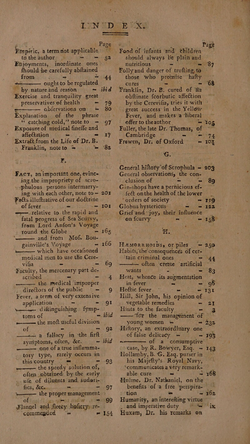 Finpiric, a term not applicable to the author m— 52 Enjoyments, | Ao SS ones fhould be ciel) ahr ainee from 44 _ ought to mie coouited i by nature and reason ~ ibid Exercise and tranquility great preservatives of health - 79 abfervations om &amp; 80 Explanation of the | phrase Exposure of medical fineffe and affeCtation = = 17 Extraét from the Life of Dr, B. Franklin, noteto = ‘= ‘82 | ¥. Fact, an ‘important one, evinc= ing the impropriety of scro- » «phulous persons intermarry~ ing with each other, note to— 20% Facts illuftrative of our doétrine of fever - = s-—. relative to the rapid and fatal progress of Sea Scurvy, frem Lord Anfon’s Voyage round ‘the Globe . = and from Mofe Bou- gainville’s Voyage. - t———-— which have occafioned medical men to use the Cere- _ vitia - - 69 ‘Faculty, the mercenary patt de- scribed _ - 4 the medical ‘improper dire€tors of the public - 9 Fever, a term of very extensive IOE application = - gt emo diftinguishing fymp- toms of - ~ ibid p—-——= the moft useful division _ of 92 —_«&lt;— a fallacy in, ‘the firtt . syniptoms, often, &amp;c. ~ ibid —-——— one of a true inflamma- tory type, rarely occurs in thiscountry . = - 93 w——-—- the speedy solution of, often obtained by the early ule of diluents and. suderi- fics, &amp;c.. - - 97 the PrppR prea ay) = 99 Flannel and. dicety liohigsy Tes ‘commegded == = 154 ae oy Pag Food of infants ‘and ¢hildren | should always Be plain and _ nutritious = mm 87 Folly and danger of trufting, to those who promise hafty cures - ~ ‘68 Franklin, Dr. B. cured of ‘di obftinate feorbutic affection by the Cerevifia, tries it with — great success in the Yellow Fever, and makes’ ‘a‘hberal offer to theauthor = tog Fuller, the late Dr. Thomas; sie Cambridge = 74 Frewen, Dr, of Oxford = 10% General hiftory’of Scrophula - General observations, the con- . clusion of ~ ‘= 89 Gin-shops have a pernicious ef- fe onthe health of the lower ‘orders of society ~ 9 Globus hysterictis = = = 122 Grief'and joy, their ‘influence ‘on {curvy ~ - 158 He H_ZMORRHOIDSy or piles ‘= 250 Habits, the consequences of cer- ‘tain ‘criminal ones ole: cS often ‘create ‘artificial wants _ - 83 Heat, whence its augmentation in fever = = 96 Heétic fever ~ ' - 131 Hill, Sir John, his nian of : vegetable remedies - 2! ‘Hints to. the faculty - §g ‘for the management of | young women &amp; = 232 Hiftory, an extraordinary one | of false delicacy. = ~ 193 ~-———- of a consumptive | ‘case, by R. Bowyer, Esq. ~ 143 Hollamby, B. ‘G, Esq. purser in his Majefty’s Royal Navy, — “communicates a very remark- able cure ~ - 168 Hulme. Dr. Nathaniel, on the benefits of a free perspira- tion i ~ 162 Humanity, an interefting virtue _ and imperative duty ~ ™~ “ix Huxam, Dr. his remarks on