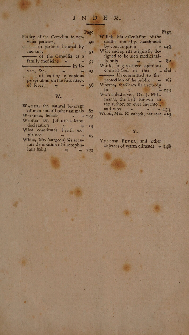 Ss patients, mercury &gt; —— of the Cerevifia as a family vedic ” — 57 nn eee in fe- vers, &amp;c, ~ 95 of exiting a copious * Behpitaionon the first attack fever | ” 498 a Re Warer, the natural beverage of man and all other animals’ $2 Weakness, female - = 235 Webiter, Dr. Jofhua’s solemn declaration np = 14 What conftitutes health ex- plained ~ ‘29 White, Mr. (surgeon) his accu- - gate delineation of a scrophu- Jous habit. » = 202 = ick, his calculation of the atte annually, occafioned ” by consumption 7 149. wine and spirits originally de~ figned to be used medicinal- a . ly only ~ Work, long recewvel opinions contradiéted in this - - thiscommitted to the protection ofthe public = wid Worms, \ amr emeédy for — = 253 Wiorm-destroyer, Da . Mill- man’s, the beit vein t the author, or ever invented i and why - thy we oe Wood, Mrs. Elizabeth, her case 219 ~ he Y. Yetrow Fever, and other difcases of warm climates = 248 +.
