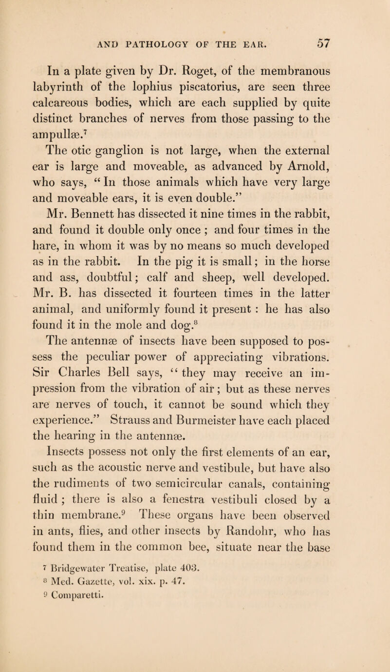 In a plate given by Dr. Roget, of the membranous labyrinth of the lophius piscatorius, are seen three calcareous bodies, which are each supplied by quite distinct branches of nerves from those passing to the ampullse.7 The otic ganglion is not large, when the external ear is large and moveable, as advanced by Arnold, who says, “ In those animals which have very large and moveable ears, it is even double.5' Mr. Bennett has dissected it nine times in the rabbit, and found it double only once ; and four times in the hare, in whom it was by no means so much developed as in the rabbit. In the pig it is small; in the horse and ass, doubtful; calf and sheep, well developed. Mr. B. has dissected it fourteen times in the latter animal, and uniformly found it present : he has also found it in the mole and dog.8 The antennae of insects have been supposed to pos¬ sess the peculiar power of appreciating vibrations. Sir Charles Bell says, “ they may receive an im¬ pression from the vibration of air; but as these nerves are nerves of touch, it cannot be sound which they experience.55 Strauss and Burmeister have each placed the hearing in the antennae. Insects possess not only the first elements of an ear, such as the acoustic nerve and vestibule, but have also the rudiments ol two semicircular canals, containing fluid ; there is also a fenestra vestibuli closed by a thin membrane.9 These organs have been observed in ants, flies, and other insects by Randohr, who has found them in the common bee, situate near the base 7 Bridgewater Treatise, plate 408. 8 Med. Gazette, vol. xix. p. 47. 9 Comparetti.