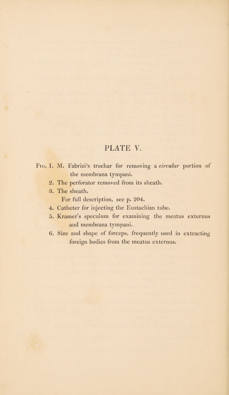 Fig. 1. M. Fabrizi’s trochar for removing a circular portion of the membrana tympani. 2. The perforator removed from its sheath. 3. The sheath. For full description, see p. 204. 4. Catheter for injecting the Eustachian tube. 5. Kramer’s speculum for examining the meatus externus and membrana tympani. 6. Size and shape of forceps, frequently used in extracting foreign bodies from the meatus externus.