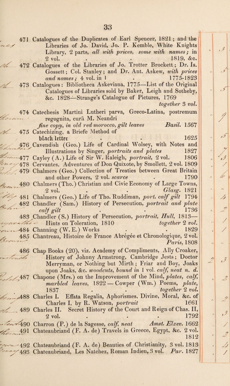 ,> v <- ’ y 472 474 . 475 r<'1~s £ -^>5*3 £» 47 J Catalogues of the Duplicates of Earl Spencer, 1821 ; and the Libraries of Jo. David, Jo. P. Kemble, White Knights Library, 2 parts, all with prices, some with names; in 2 vol. . • 1819, &c. Catalogues of the Libraries of Jo. Trotter Brockett; Dr. Is. Gossett; Col. Stanley; and Dr. Ant. Askew, with prices and names ; 4 vol. in 1 . 1775-1823 473 Catalogues: Bibliotheca Askeviana, 1775—List of the Original Catalogues of Libraries sold by Baker, Leigh and Sotheby, &c. 1828—Strange’s Catalogue of Pictures, 1769 together 3 vol. Catechesis Martini Lutheri parva, Greco-Latina, postremum regognita, cura M. Neandri fine copy, in old red morocco, gilt leaves Basil. 1567 Catechizing, a Briefe Method of bladi Utter • • 1625 Cavendish (Geo.) Life of Cardinal Wolsey, with Notes and Illustrations by Singer, portraits and plates 1827 Cayley (A.) Life of Sir W. Raleigh, portrait, 2 vol. 1806 Cervantes, Adventures of Don Quixote, by Smollett, 2 vol. 1809 Chalmers (Geo.) Collection of Treaties between Great Britain and other Powers, 2 vol. scarce . 1790 Chalmers (Tho.) Christian and Civic Economy of Large Towns, 2 vol. . . Glasg. 1821 Chalmers (Geo.) Life of Tho. Ruddiman, port, calf gilt 1794 Chandler (Sam.) History of Persecution, portrait and plate calf gilt . • 1736 Chandler (S.) History of Persecution, portrait, Hull, 1813— - Hints on Toleration, 1810 together 2 vol. Channing (W. E.) Works . . 1829 Chantreau, Histoire de France Abregee et Chronologique, 2 vol. Paris, 1808 Chap Books (20), viz. Academy of Compliments, Ally Croaker, History of Johnny Armstrong, Cambridge Jests; Doctor Merryman, or Nothing but Mirth ; Friar and Boy, Joaks upon Joaks, &c. woodcuts, hound in 1 vol. calf, neat n. d. Chapone (Mrs.) on the Improvement of the Mind, plates, calf, marbled leaves, 1822 — Cowper (Wm.) Poems, plate, 1837 . • together 2 vol. Charles I. Effata Regalia, Aphorismes, Divine, Moral, &c. of Charles I, by R. Watson, portrait 1661 Charles II. Secret History of the Court and Reign of Chas. II, 2 vol. . • • 1792 Charron (P.) de la Sagesse, calf, neat Amst. Elzev. 1662 Chateaubriand (F. A. de) Travels in Greece, Egypt, See. 2 vol. 1812 ^492 Chateaubriand (F. A. de) Beauties of Christianity, 3 vol. 1813 ^y^493 Chateaubriand, Les Natchez, Roman Indien, 3 vol. Par. 1827 —477 ^478 ,'479 480 481 482 486 ^,,,'.^88 ✓ „ 489 *^90 ^491