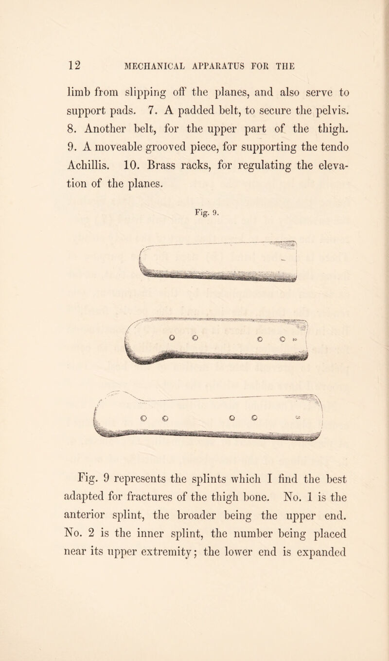 limb from slipping off the planes, and also serve to support pads. 7. A padded belt, to secure the pelvis. 8. Another belt, for the upper part of the thigh. 9. A moveable grooved piece, for supporting the tendo Achillis. 10. Brass racks, for regulating the eleva- tion of the planes. Fig. 9. Fig. 9 represents the splints which I find the best adapted for fractures of the thigh bone. No. 1 is the anterior splint, the broader being the upper end. No. 2 is the inner splint, the number being placed near its upper extremity; the lower end is expanded