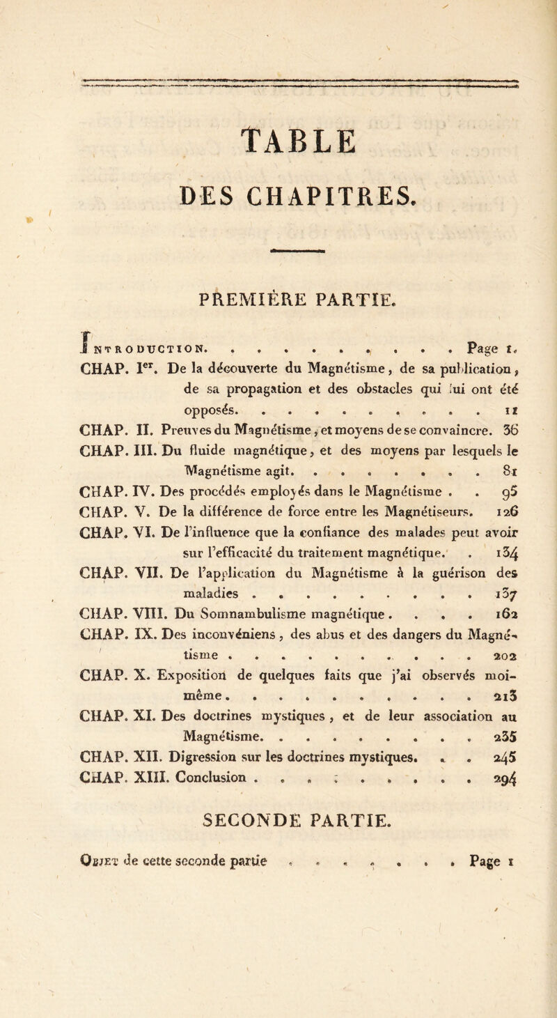 TABLE DES CHAPITRES. PREMIÈRE PARTIE. Introduction n Page t< CHAP. 1er. De la découverte du Magnétisme, de sa publication ? de sa propagation et des obstacles qui lui ont été opposés il CHAP. II. Preuves du Magnétisme, et moyens de se convaincre. 36 CHAP. III. Du fluide magnétique, et des moyens par lesquels le Magnétisme agit 8i CHAP. IV. Des procédés employés dans le Magnétisme . . g5 CHAP. V. De la différence de force entre les Magnétiseurs. 126 CHAP. VI. De rinfluerice que la confiance des malades peut avoir sur Pefficacité du traitement magnétique. . i34 CHAP. VII. De l’application du Magnétisme à la guérison des maladies 137 CHAP. VIII. Du Somnambulisme magnétique. . ♦ . 162 CHAP. IX. Des inconvéniens, des abus et des dangers du Magné- tisme 202 CHAP. X. Exposition de quelques faits que j’ai observés moi- même ..... 2l3 CHAP. XI. Des doctrines mystiques , et de leur association au Magnétisme 235 CHAP. XII. Digression sur les doctrines mystiques. * . 24$ CHAP. XIII. Conclusion ... ; 294 SECONDE PARTIE.