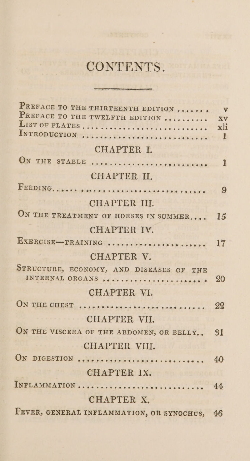 CONTENTS. Preface to the thirteenth edition. v Preface to the twelfth edition. xv List of plates... xli Introduction .. I CHAPTER I. On the stable . 1 CHAPTER II. Feeding. 9 CHAPTER III. On the treatment of horses in summer. ... 15 CHAPTER IY. Exercise—training..... 17 CHAPTER V. Structure., economy, and diseases of the internal organs 9. 20 CHAPTER VI. On the chest .. 22 CHAPTER VII. On the viscera of the abdomen, or belly. . 31 CHAPTER VIII. On digestion. 40 CHAPTER IX. Inflammation. 44 CHAPTER X. Fever, general inflammation, or synochus, 46