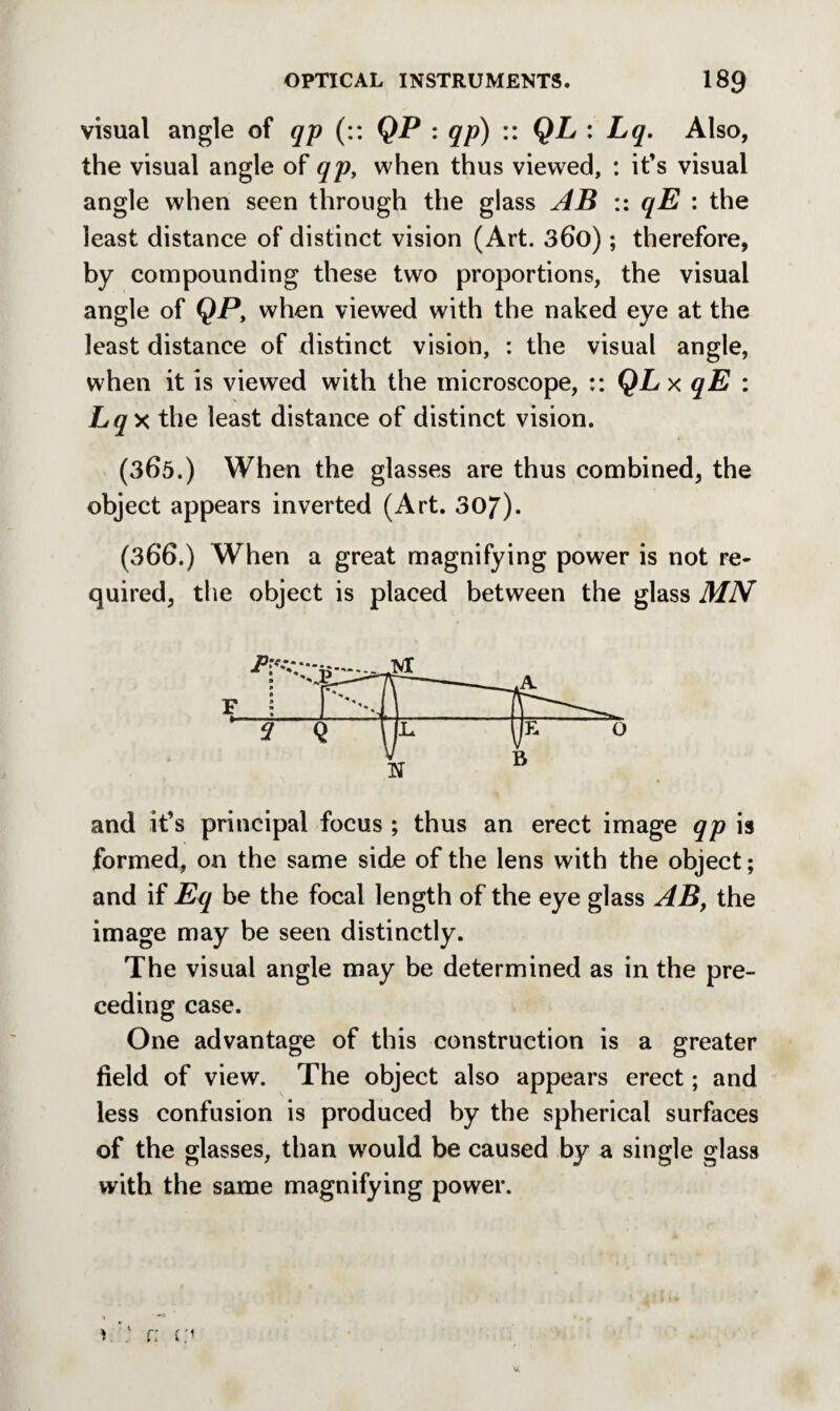 visual angle of qp (:: QP : qp) :: QL : Lq. Also, the visual angle of qp, when thus viewed, : it’s visual angle when seen through the glass AB :: qE : the least distance of distinct vision (Art. 36o); therefore, by compounding these two proportions, the visual angle of QP, when viewed with the naked eye at the least distance of distinct vision, : the visual angle, when it is viewed with the microscope, :: QL x qE : Lq X the least distance of distinct vision. (365.) When the glasses are thus combined, the object appears inverted (Art. 307). (366.) When a great magnifying power is not re¬ quired, the object is placed between the glass MN and it’s principal focus ; thus an erect image qp is formed, on the same side of the lens with the object; and if Eq be the focal length of the eye glass AB, the image may be seen distinctly. The visual angle may be determined as in the pre¬ ceding case. One advantage of this construction is a greater field of view. The object also appears erect; and less confusion is produced by the spherical surfaces of the glasses, than would be caused by a single glass with the same magnifying power.