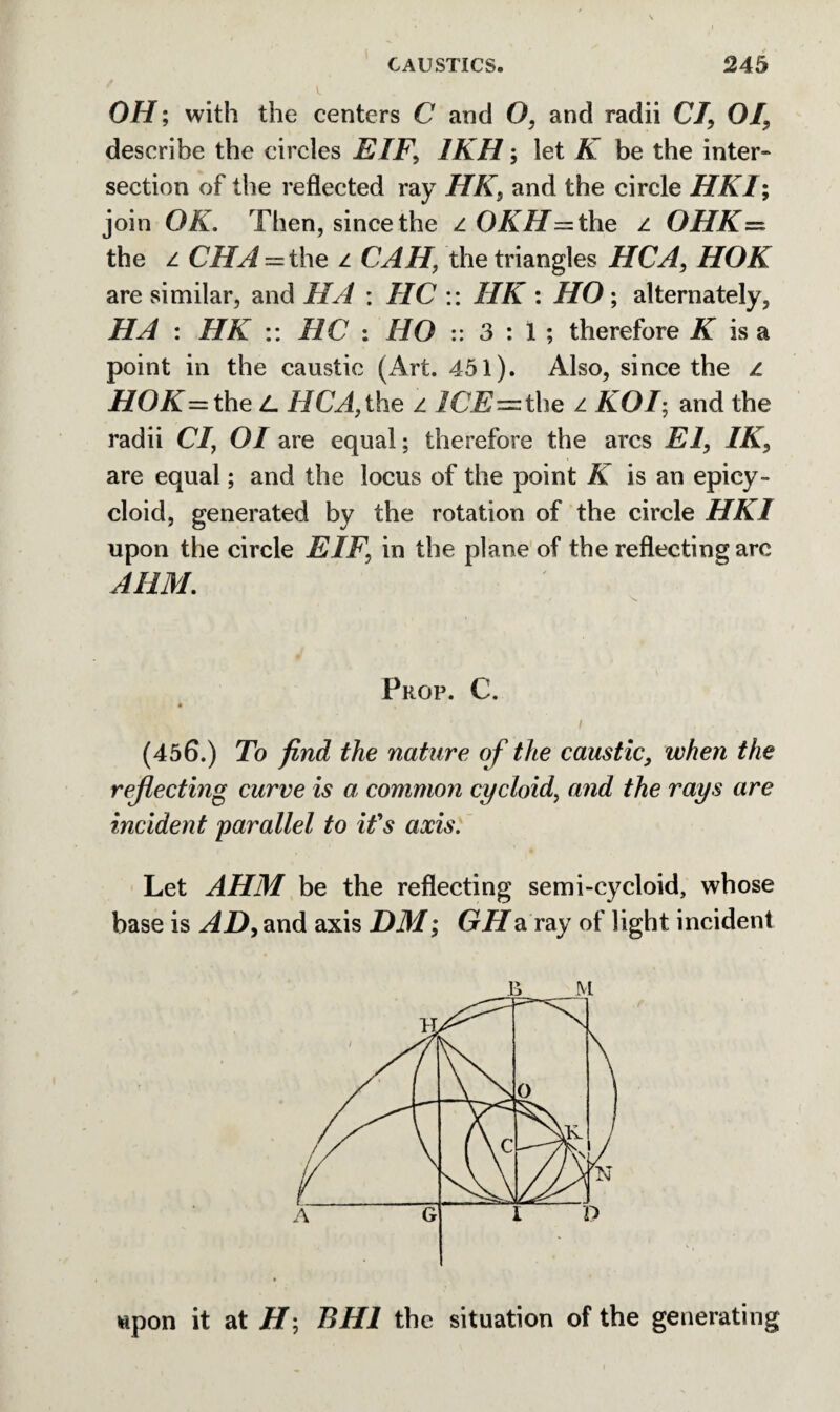 OH; with the centers C and O, and radii Cl, 01, describe the circles EIF, IKH; let K be the inter¬ section of the reflected ray HK, and the circle HKI; join OK. Then, since the z OKH=the z OHK— the z CHA — the z CAH, the triangles HCA, HOK are similar, and HA : HC :: HK : HO; alternately, HA : HK :: HC : HO :: 3:1; therefore K is a point in the caustic (Art. 451). Also, since the z HO K= the L HCA, the z 1CE=the z KOI; and the radii Cl, 01 are equal; therefore the arcs El, IK, are equal; and the locus of the point K is an epicy¬ cloid, generated by the rotation of the circle HKI upon the circle EIF, in the plane of the reflecting arc AI1M. Prop. C. i , - (456.) To find the nature of the caustic, when the reflecting curve is a, common cycloid, and the rays are incident parallel to ifs axis. Let AHM be the reflecting semi-cycloid, whose base is AD, and axis DM; GHa ray of light incident upon it at H; Bill the situation of the generating