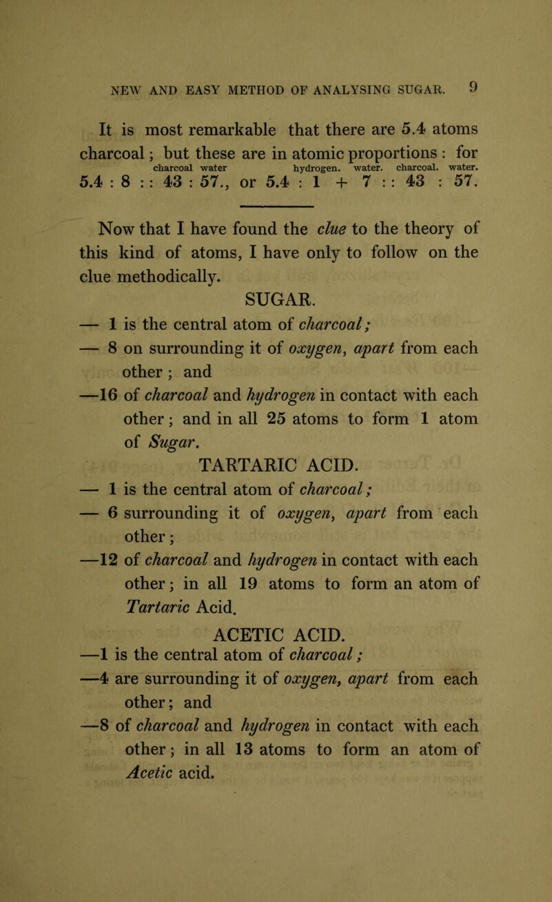 It is most remarkable that there are 5.4 atoms charcoal; but these are in atomic proportions : for charcoal water hydrogen, water, charcoal, water. 5.4 : 8 : : 43 : 57., or 5.4 : I + 7 : : 43 : 57. Now that I have found the clue to the theory of this kind of atoms, I have only to follow on the clue methodically. SUGAR. — 1 is the central atom of charcoal; — 8 on surrounding it of oxygen, apart from each other ; and —16 of charcoal and hydrogen in contact with each other; and in all 25 atoms to form 1 atom of Sugar. TARTARIC ACID. — 1 is the central atom of charcoal; — 6 surrounding it of oxygen, apart from each other; —12 of charcoal and hydrogen in contact with each other; in all 19 atoms to form an atom of Tartaric Acid. ACETIC ACID. —1 is the central atom of charcoal; —4 are surrounding it of oxygen, apart from each other; and —8 of charcoal and hydrogen in contact with each other; in all 13 atoms to form an atom of Acetic acid.