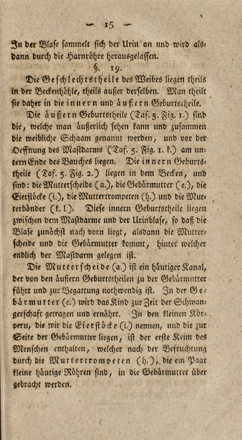 $n ber Slafc fammeft fid) bet Urin an «nb wirb als* toann burd) bie Jparntbkre ljerau$gelaffen. §. 19. SDie ©efcfylecf)t6tljeile beö^Beibeö liegen tljeite in bet SBerfenbbIjie, tljeife auj^et bcrfelben. SD?an tfjeilt f e bafcet t'n bie i n n e t n unb äußern ©eburtßtfjeile. £)ie äußern ©ebutfötljeile C^af. 5. gia. t.) fTnb bie, welche man außetlidj fe^en fann unb gufdmmen bie weiblid)e ©cfyaam genannt werben, unb bot bet ;Oeftnung beö üCKaflbarntß (£af. 5. $ig. 1. f.) am um fern ©nbe beß 33aud;eß liegen. SDie in n et n ©eburtß* t^ciie ($af. 5. §ig. 2.) liegen in bem 33eden, unb ftnb: bie SJiutterfdjeibe (a.), bie ©ebarmuttet (e.), bie <£ierft6cfe (i.)/ bie ^Kuttertrompeten (12.) unb bie 3J?ut* terbanber (f. l.)v *£)iefe innetn ©eburtßtf^eile liegen gwifdjen bem SÜiaßbarme unb bet Utinblafe, fo baß bie SMafe $unad)ß nad; botn liegt, alßbann bie SOiutter? fdjeibe unb bie ©ebarmuttet fommt, fjiutet welcher enblid) bet Sftaßbarm gelegen ifl. £)ie 20?u 11 et f d) ei b e (a.) ifi ein häutiger^anal, bet bon ben äußern ©eburtötf^cilen gu bet ©ebarmuttet füfjrt unb $ur Begattung notljwenbig iß. 3° ber ©e; batmuttet (e.) wirb baß&inb iutßeit ber ©tßwam getfdbaft getragen unb ernährt. 3n ben fleinen $6t* per», bie mit bie (Sietßode (t.) nennen, unb bie juc ©eite bet ©ebarmuttet liegen, iß bet erfte Äcim beß SD?enfd)en enthalten, welcher nad) bet S5efrud>tung bureß bie lO? u 11 e r t r 0 m p e t e n ((j.)bie ein $3agt fleine häutige SXofjren ftnb, in bie ©ebarmuttet übet gebracht werben.