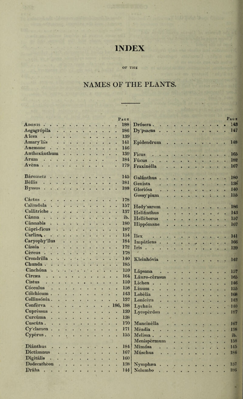 INDEX OF THE NAMES OF THE PLANTS. Page Adonis 188 AegagrOpila 186 A'lcea 139 Amary'lils 141 Anemone 146 Anthoxhnthum 139 Arum . 184 A vena .179 Barometz 145 Beilis 181 Byssus 188 C&ctus 178 Calendula 157 Callitriche 137 Canna ib. Cannabis . . , 180 Capri-ficus 187 Carling 154 Caryophy'llus 184 Cassia 172 Cfereus . 178 Crondrilla 140 Chunda 185 Cinch6na . . . 159 Circaea 164 Cistus 159 C6cculus 158 Cdlchicum 14-3 Collinsdnia 137 Conferva 186, 188 Cupressus 139 Curcuma 138 Cuschta 170 Cy'clamen 171 Cyperus 155 Dianthus 184 Dict&mnus 167 Digitalis 160 Podecatheon 138 Dr6ba 144 Page Dr6sera 143 Dy 'psacus 147 Epidendrum 148 Ileus 165 Fucus 182 Fraxinella 167 Galinthus 180 Genista . 138 Gloriosa 140 Gossy'pium ; . . 155 Hedy'sarum 186 Helidnthus . .143 Helleborus 157 Hipp6mane 167 Ilex 141 Impatiens 166 Iris 139 Kleinh6via 142 Lapsana 157 L^uro-c&rasus 165 Lichen 146 Linum 155 Lobelia 168 Lonicera 143 Lychnis 140 Lycoperdon 187 Mancinella 167 Meadia 138 Melissa ib. Menisp^rmum 158 Mimosa 145 Muschus 186 Nymphaea 157 Nelumbo . 186