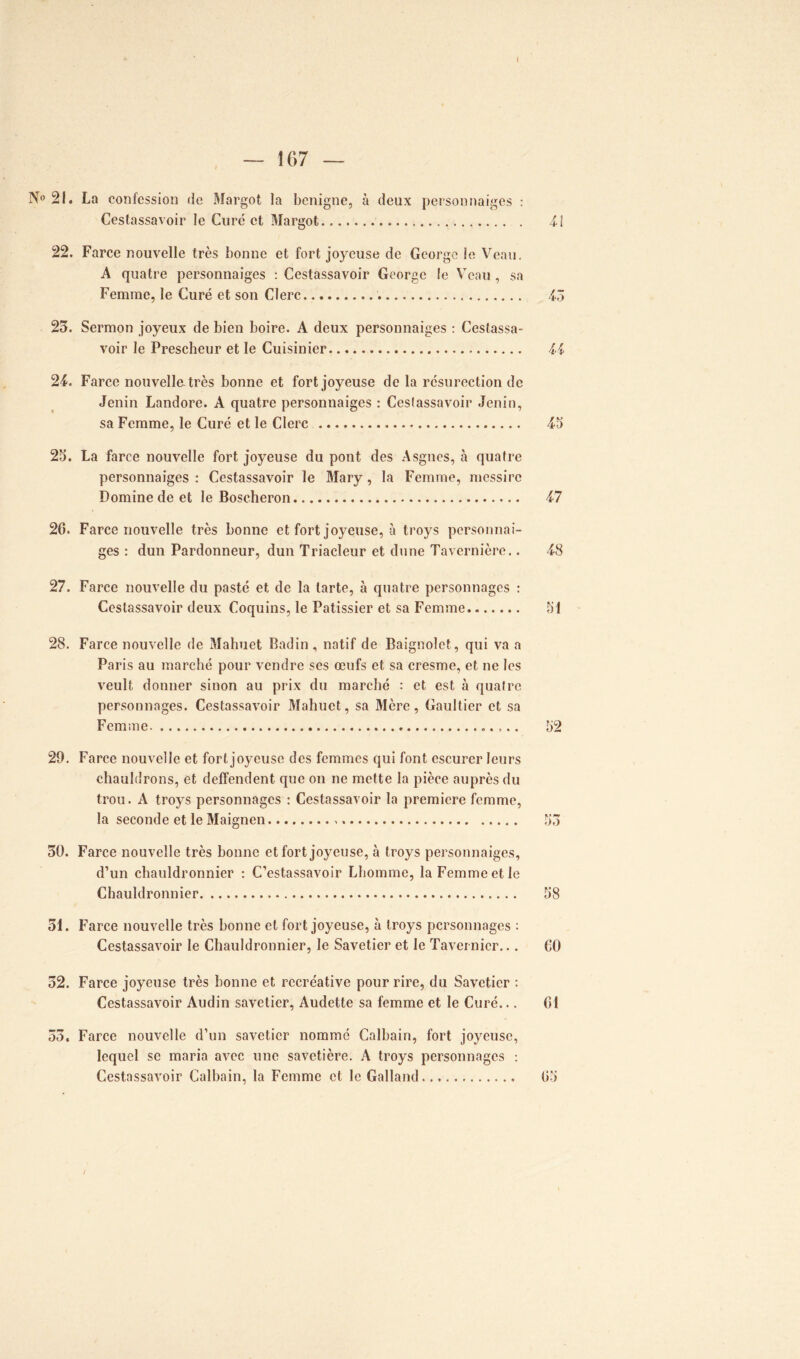 — ÎG7 — N» 21* La confession de Margot la benigne, à deux personnaiges : Cestassavoir le Curé et Margot il 22. Farce nouvelle très bonne et fort joyeuse de George le Veau. A quatre personnaiges : Cestassavoir George le Veau , sa Femme, le Curé et son Clerc iô 23. Sermon joyeux de bien boire. A deux personnaiges : Cestassa- voir le Prescheur et le Cuisinier il 2i. Farce nouvella très bonne et fort joyeuse de la résurection de Jenin Landore. A quatre personnaiges : Ceslassavoir Jenin, sa Femme, le Curé et le Clerc 45 25. La farce nouvelle fort joyeuse du pont des Asgnes, à quatre personnaiges : Cestassavoir le Mary, la Femme, messire Domine de et le Boscheron il 20. Farce nouvelle très bonne et fort joyeuse, à troys personnai- ges : dun Pardonneur, dun Triacîeur et dune Tavernière.. 48 27. Farce nouvelle du pasté et de la tarte, à quatre personnages : Ceslassavoir deux Coquins, le Pâtissier et sa Femme 51 28. Farce nouvelle de Mahuet Badin , natif de Baignolet, qui va a Paris au marché pour vendre ses œufs et sa cresme, et ne les veult donner sinon au prix du marché : et est à quatre personnages. Cestassavoir Mahuet, sa Mère, Gaultier et sa Femme. 52 29. Farce nouvelle et fort joyeuse des femmes qui font escurer leurs ehauldrons, et deffendent que on ne mette la pièce auprès du trou. A troys personnages : Cestassavoir la première femme, la seconde et le Maignen 53 30. Farce nouvelle très bonne et fort joyeuse, à troys personnaiges, d’un chauldronnier : C’estassavoir Lhomme, la Femme et le Chauldronnier 58 31. Farce nouvelle très bonne et fort joyeuse, à troys personnages : Cestassavoir le Chauldronnier, le Savetier et le Tavernicr... 60 32. Farce joyeuse très bonne et recréative pour rire, du Savetier : Cestassavoir Audin savetier, Audette sa femme et le Curé... Cl 53. Farce nouvelle d’un savetier nommé Calbain, fort joyeuse, lequel se maria avec une savetière. A troys personnages : Cestassavoir Calbain, la Femme et le Galland 05 /