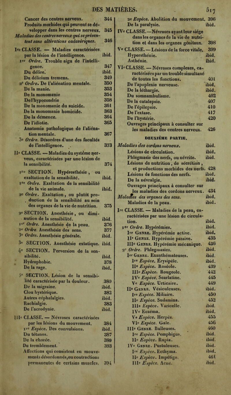 Cancer des centres nerveux. 344 Produits morbides qui peuvent se dé- velopper dans les centres nerveux. 345 Maladies des centres nerveux qui se présen- tent sans altérations cadavériques. 346 Ire CLASSE. — Maladies caractérisées par la lésion de l’intelligence. ibid. Ier Ordre. Trouble aigu de l’intelli- gence. 347 Du délire! ibid. Du délirium tremens. 349 2e Ordre. De l’aliénation mentale. 350 De la manie. 353 De la monomanie 354 De l’hypocondrie 358 De la monomanie du suicide. 361 De la monomanie homicide. 363 De la démence. 364 De l’idiotie. 365 Anatomie pathologique de l’aliéna- tion mentale. 367 3e Ordre. Désordres d’une des facultés de l’intelligence. 373 IIe CLASSE. — Maladies du système ner- veux, caractérisées par une lésion de la sensibilité. 374 ire SECTION. Hypéresthésie , ou exaltation de la sensibilité. ibid. Ier Ordre. Exaltation de la sensibilité de la vie animale. ibid. ae Ordre. Exaltation, ou plutôt pro- . duction de la sensibilité au sein des organes de la vie de nutrition. 375 2e SECTION. Anesthésie, ou dimi- nution de la sensibilité. ibid. ier Ordre. Anesthésie de la peau. 376 2e Ordre. Anesthésie des sens. 377 3e Ordre. Anesthésie générale. ibid. 3e SECTION. Anesthésie extatique, ibid. 4e SECTION. Perversion de la sen- sibilité. ibid. Hydrophobie. 378 De la rage. ibid. 5e SECTION. Lésion de la sensibi- lité caractérisée par la douleur. 380 De la migraine. ibid. Clou hystérique. 382 Autres céphalalgies. ibid. Rachialgie. 383 De l’acrodynie. ibid. ! 1 Ie CLASSE. — Névroses caractérisées par les lésions du mouvement. 384 ire Espèce. Des convulsions. ibid. Du tétanos. 387 De la chorée. 389 Du tremblement. 393 Affections qui consistent en mouve- ments désordonnés,ou contractions permanentes de certains muscles. 394 2e Espèce. Abolition du mouvement. 396 De la paralysie. ibid. IVe CLASSE.—Névroses ayant leur siège dans les organes de la vie de nutri- tion et dans les organes génitaux. 398 Ve CLASSE. — Lésions de la force vitale. 399 Hypersthénie. ibid. Asthénie. ibid. Vie CLASSE. — Névroses complexes, ca-* ractérisées par un trouble simultané de toutes les fonctions. 401 De l’apoplexie nerveuse. ibid. De la léthargie. ibid. Du somnambulisme. 402 De la catalepsie. 407 De l’épilepsie. 410 De l’extase. 417 De l’hystérie. 420 Ouvrages principaux à consulter sur les maladies des centres nerveux. 426 DEUXIÈME PARTIE. Maladies des cordons nerveux. ibid. Lésions de circulation. ibid. Phlegmasie des nerfs, ou névrite. ibid. Lésions de nutrition , de sécrétion , et productions morbides des nerfs. 428 Lésions de fonctions des nerfs. ibid. De la névralgie. ibid. Ouvrages principaux à consulter sur les maladies des cordons nerveux. 434 Malades des organes des sens. ibid. Maladies de la peau. ibid. I^e CLASSE. — Maladies de la peau, ca- ractérisées par une lésion de circula- tion. ibid. ier Ordre. Hypérémies. ibid. 1er Genre. Hypérémie active. ibid. IIe Genre. Hypérémie passive. 435 IIIe Genre. Hypérémie mécanique. 436 2e Ordre. Phlegmasies. ibid. 1er Genre. Exanthémateuses. ibid. lre Espèce. Érysipèle. ibid. IIe Espèce. Roséole. 439 IIIe Espèce. Rougeole. 442 IVe Espèce. Scarlatine. 445 Ve Espèce. Urticaire. 449 IIe Genre. Vésiculeuses. ibid. Ire Espèce. Miliaire. 450 Ile Espèce. Sudamina. 452 111e Espèce. Varicelle. ibid. IVe Eczéma. ibid. Ve Espèce, Herpès. 455 VIe Espèce. Gale. 456 IIIe Genre. Bulleuses. 460 Ire Espèce. Pemphigus. ibid. IIe Espèce. Rupia. ibid. IVe Genre. Pustuleuses. ibid. I»e Espèce. Ecthyma. ibid. IIe Espèce. Impétigo. 461 IIIe Espèce, Acné. ibid.